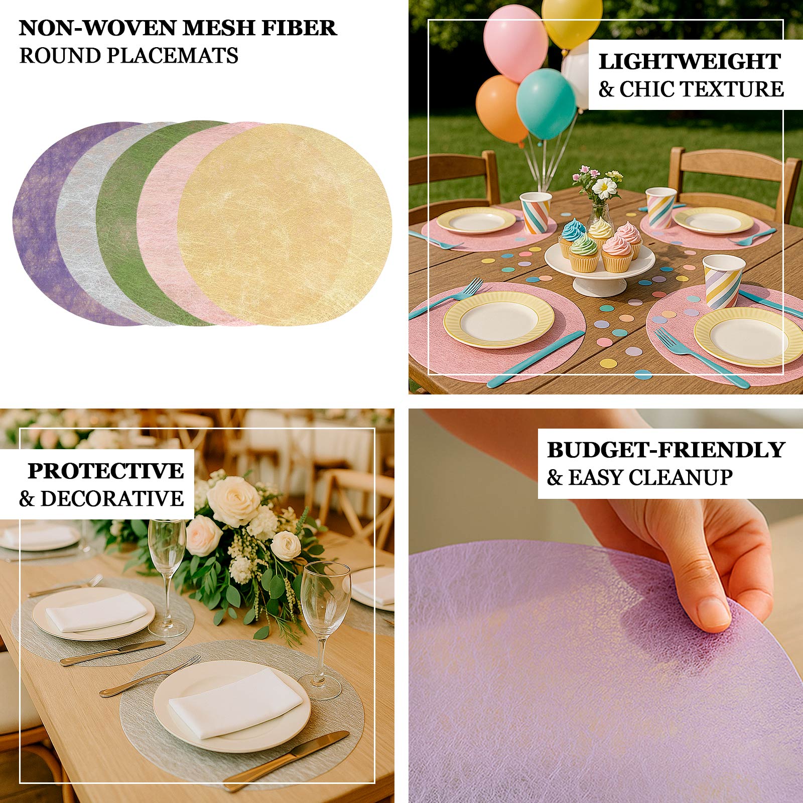 Disposable pink placemats for dining and events, lightweight and decorative.