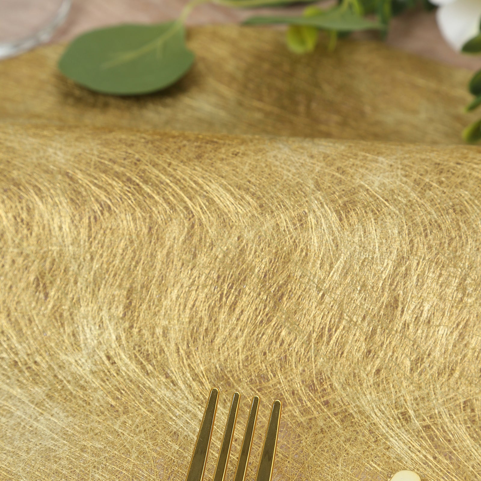 Metallic gold round disposable placemats for dining and events.