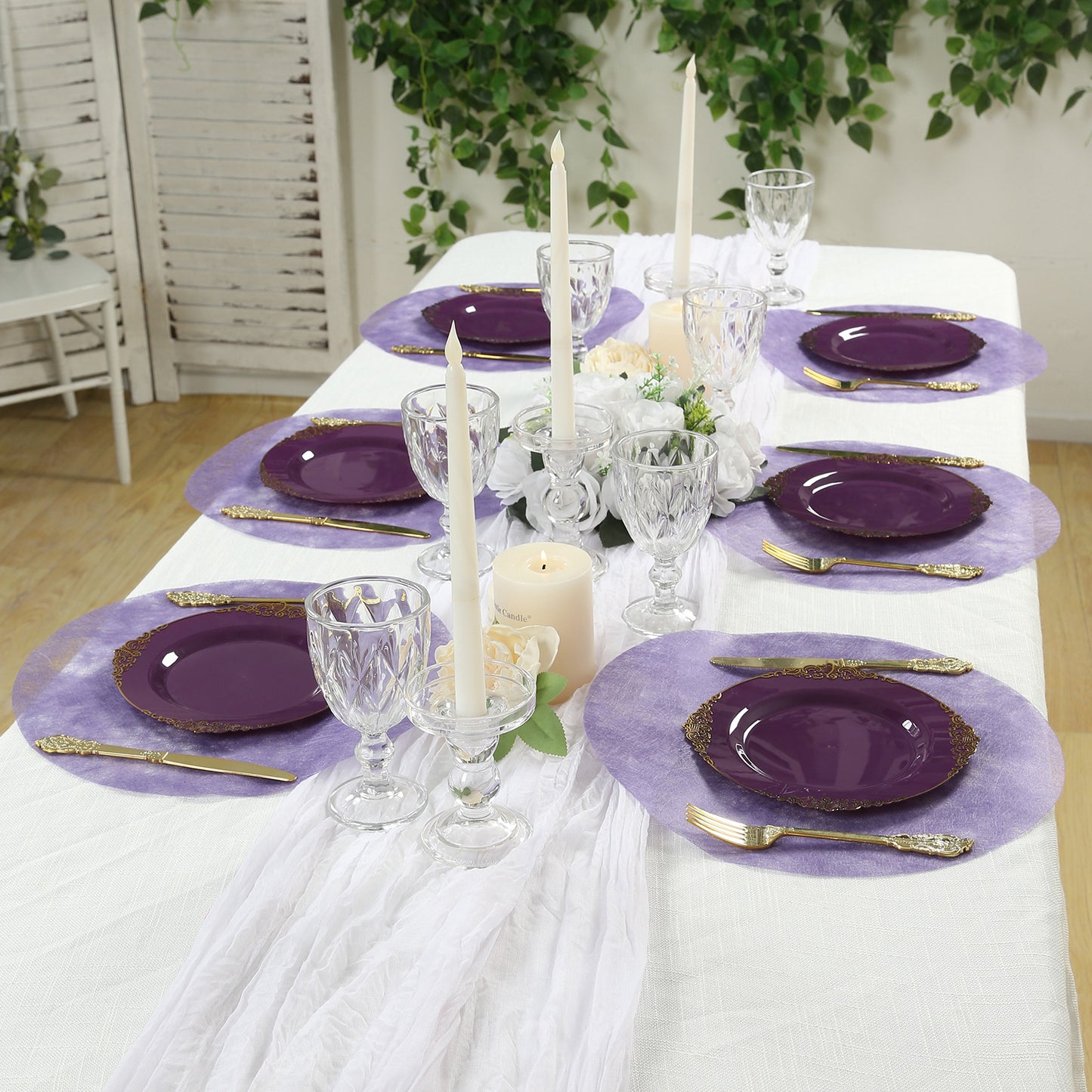 Lavender lilac disposable placemats for dining and events, set on a table.