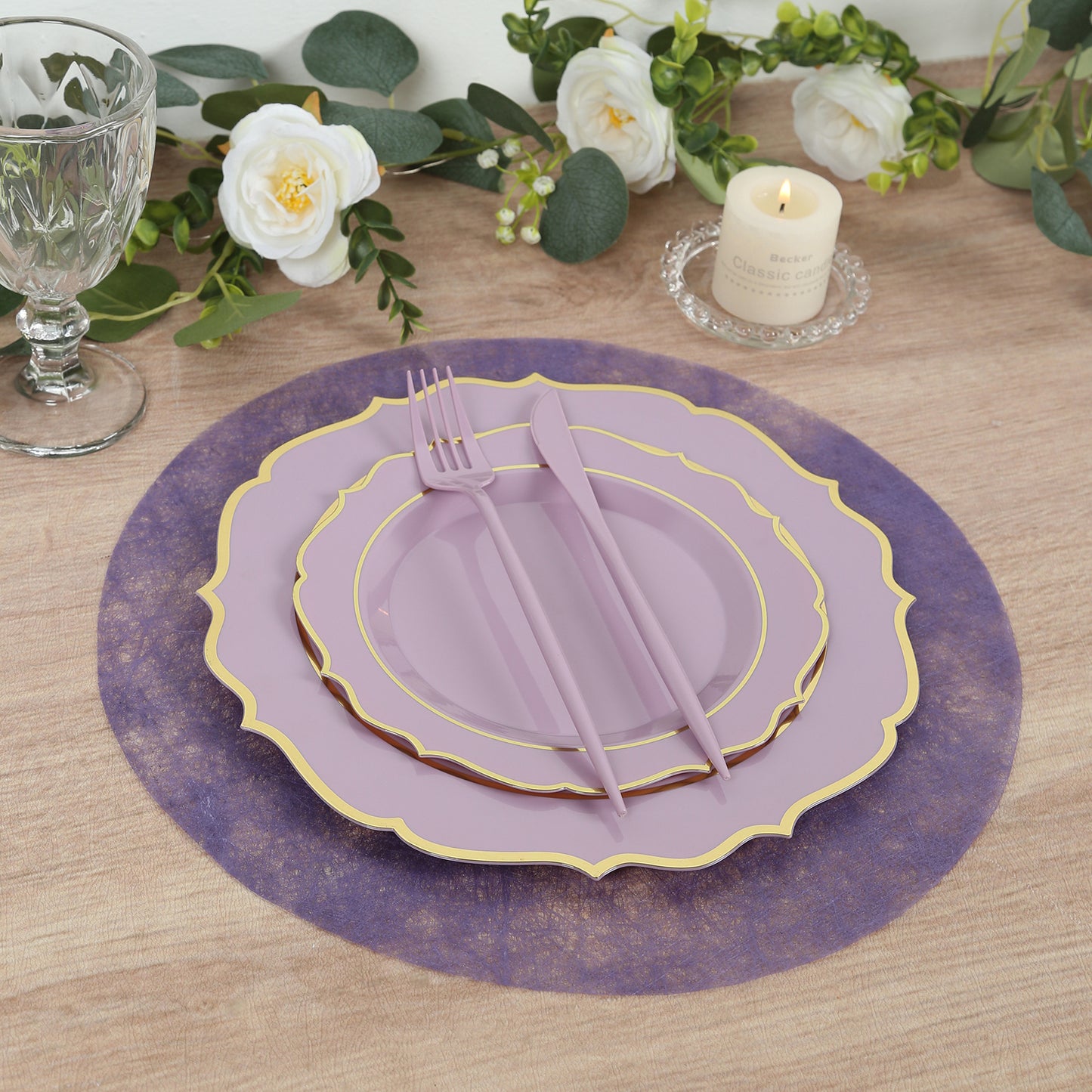 Lavender lilac round placemat with elegant table setting.
