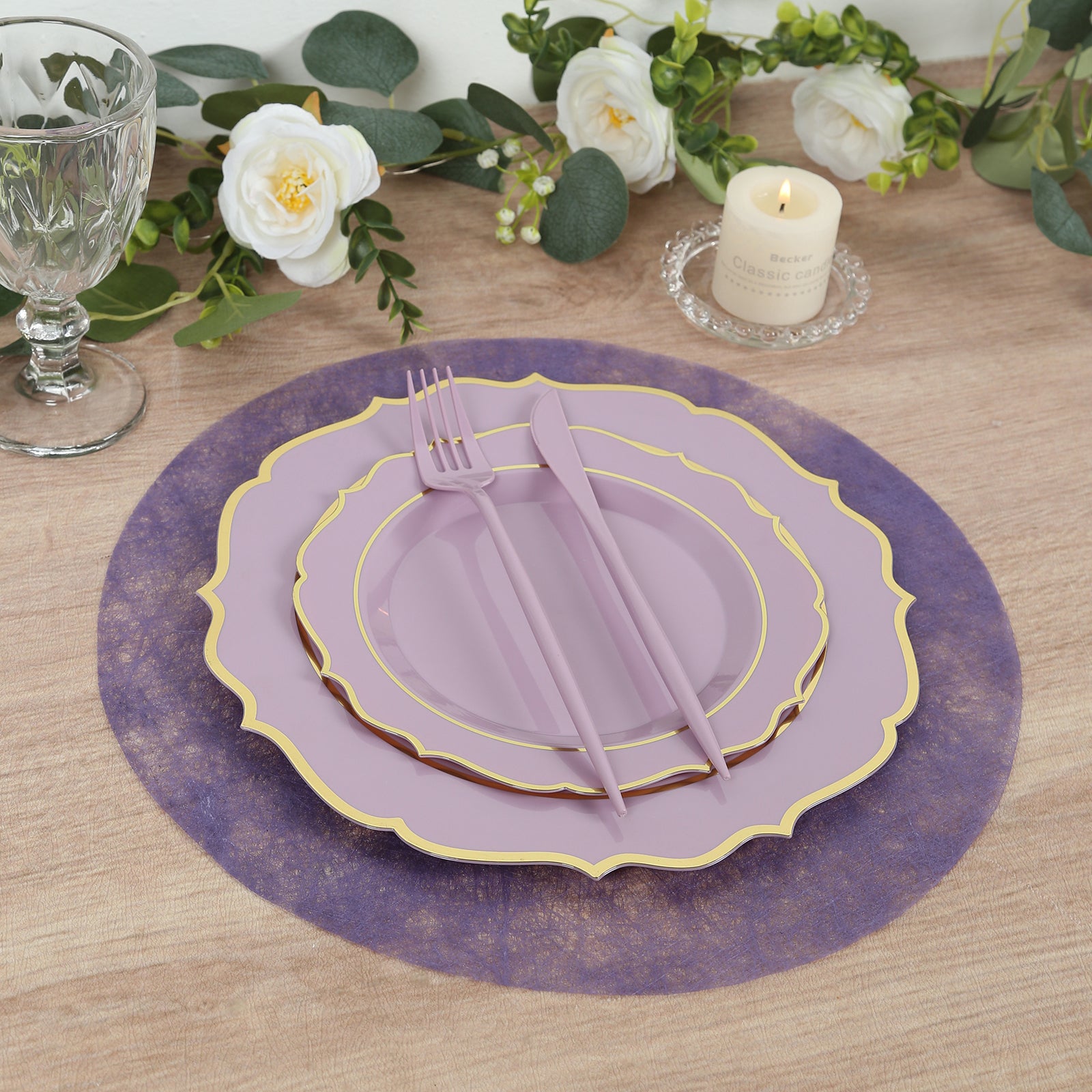 Lavender lilac round placemat with elegant table setting.