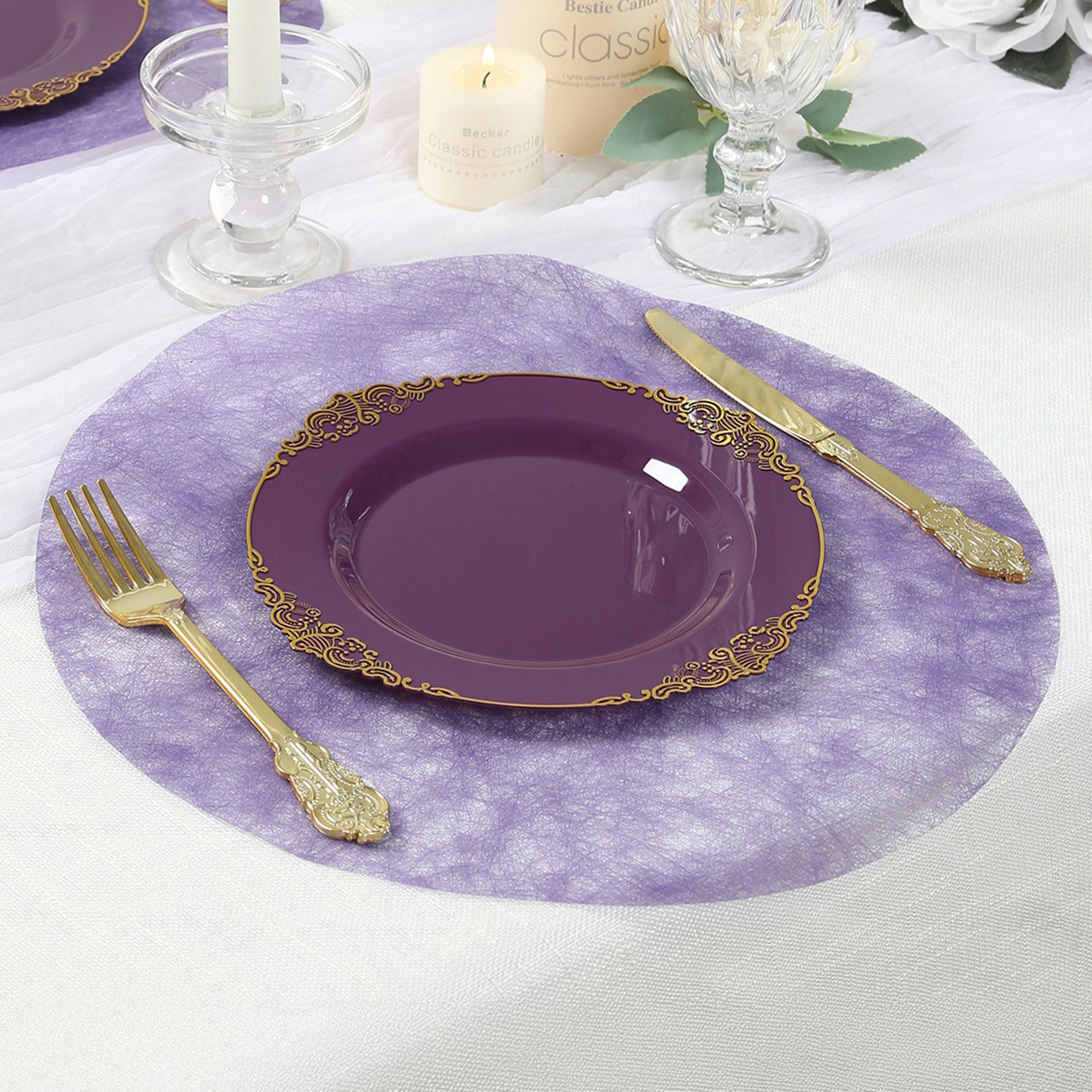 Lavender round placemat with elegant gold trim for dining and events.
