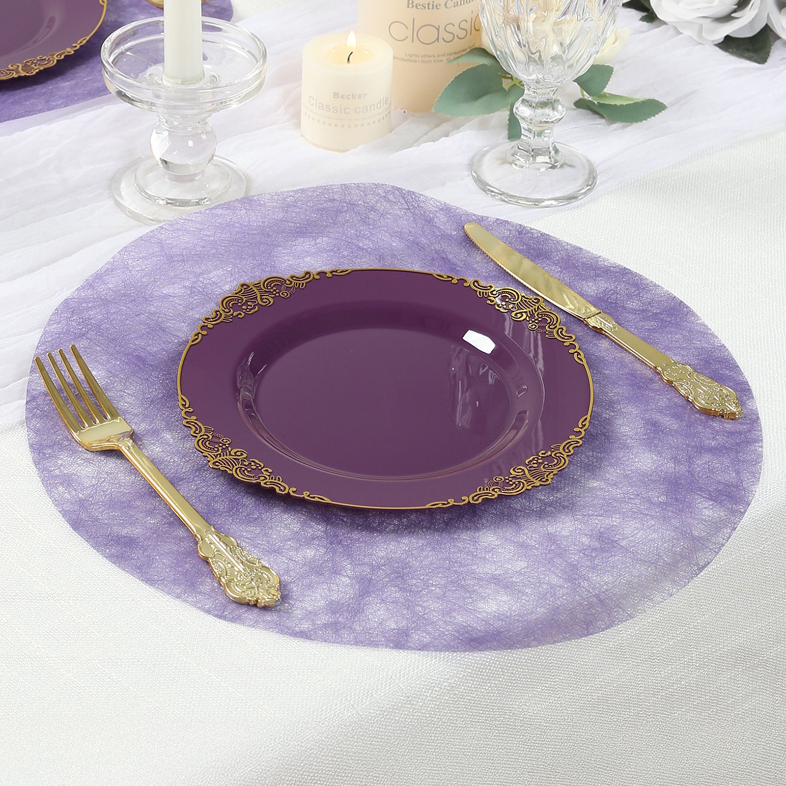 Lavender round placemat with elegant gold trim for dining and events.