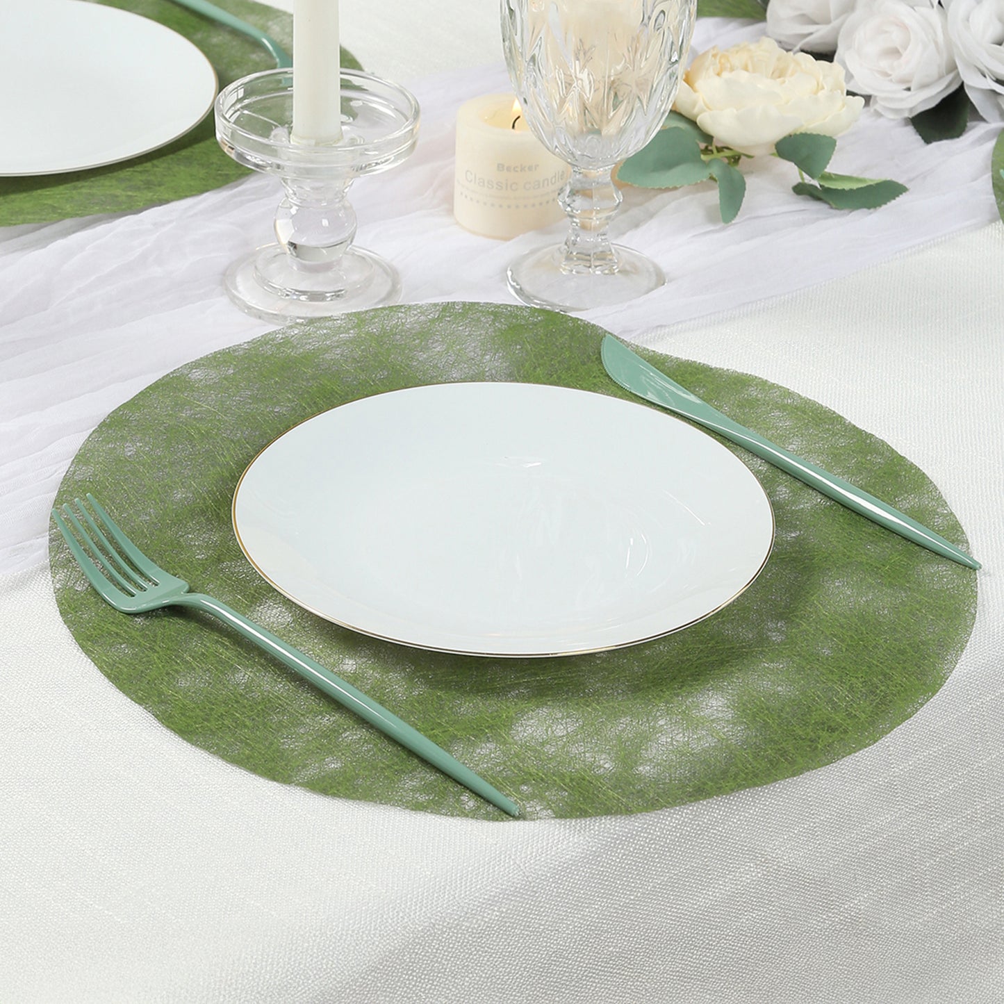Olive green disposable round placemat for dining and events.