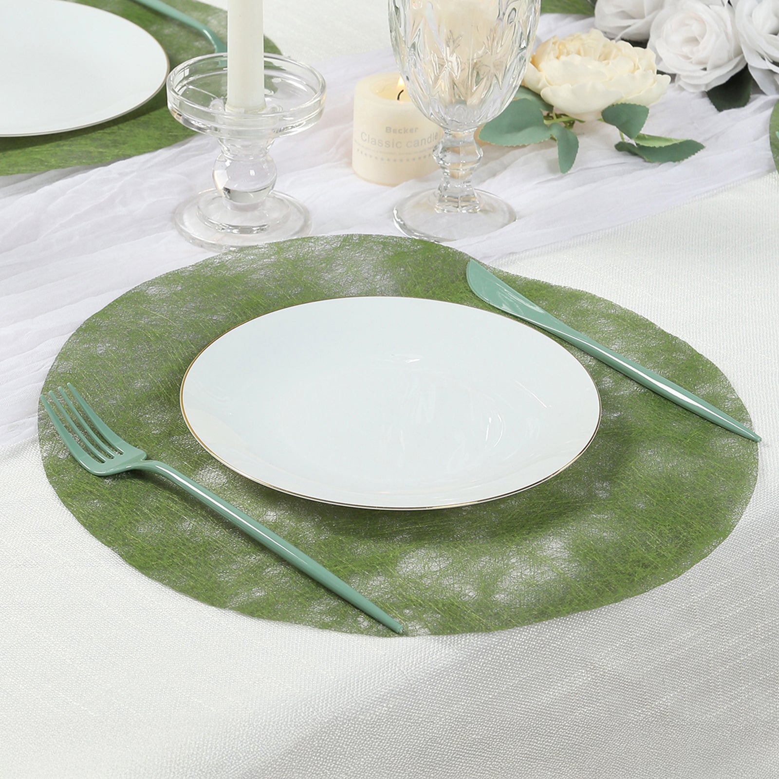 Olive green disposable round placemat for dining and events.