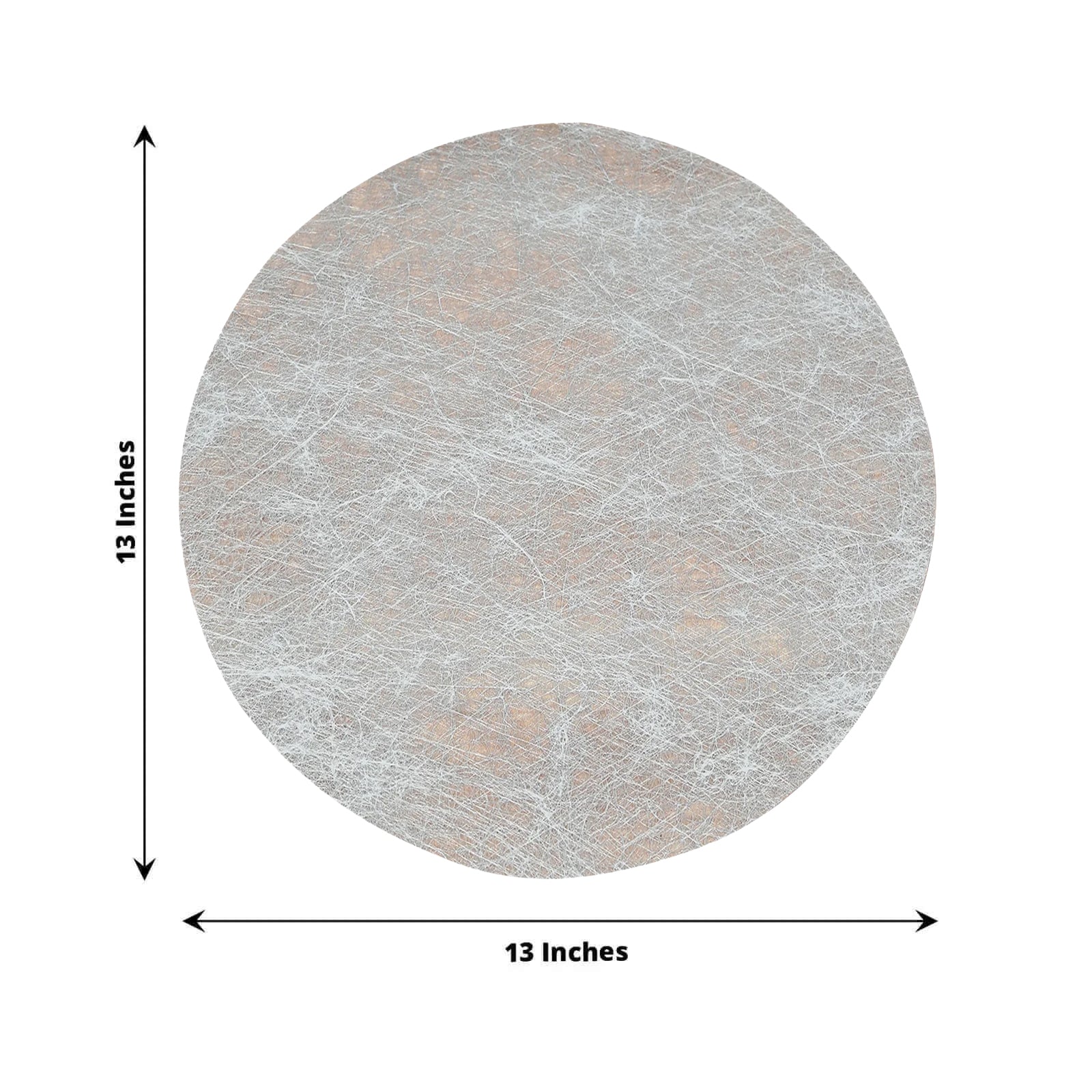 Metallic silver disposable placemat, 13" round, ideal for dining and events.