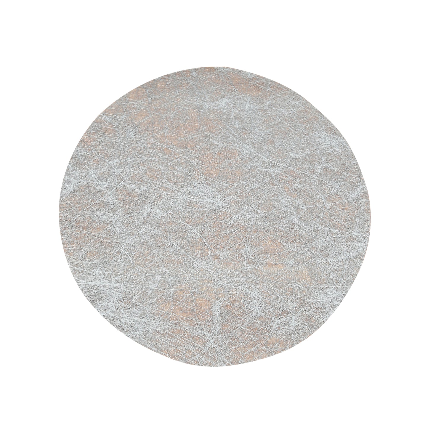 Metallic silver round disposable placemat for dining and events.