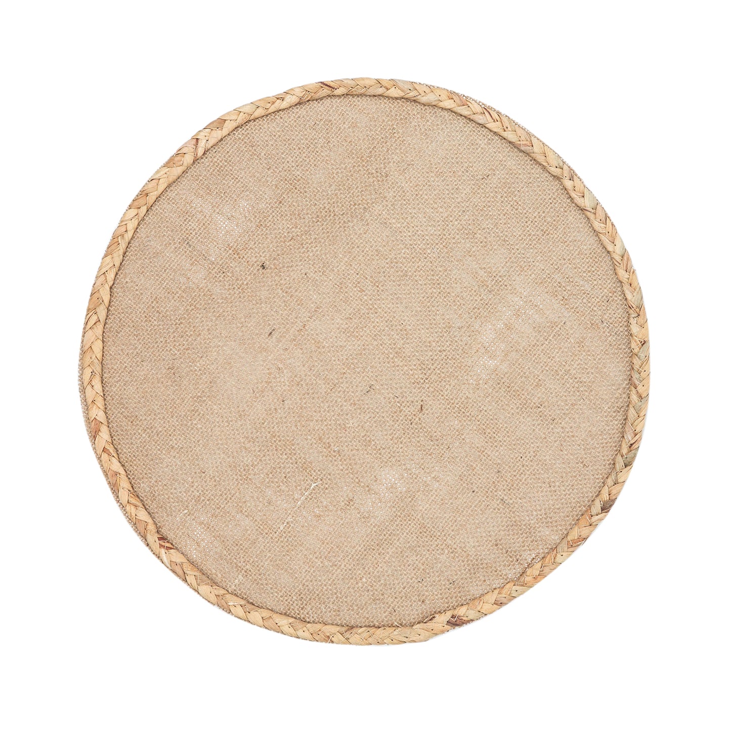 Natural burlap round placemat with braided edges.