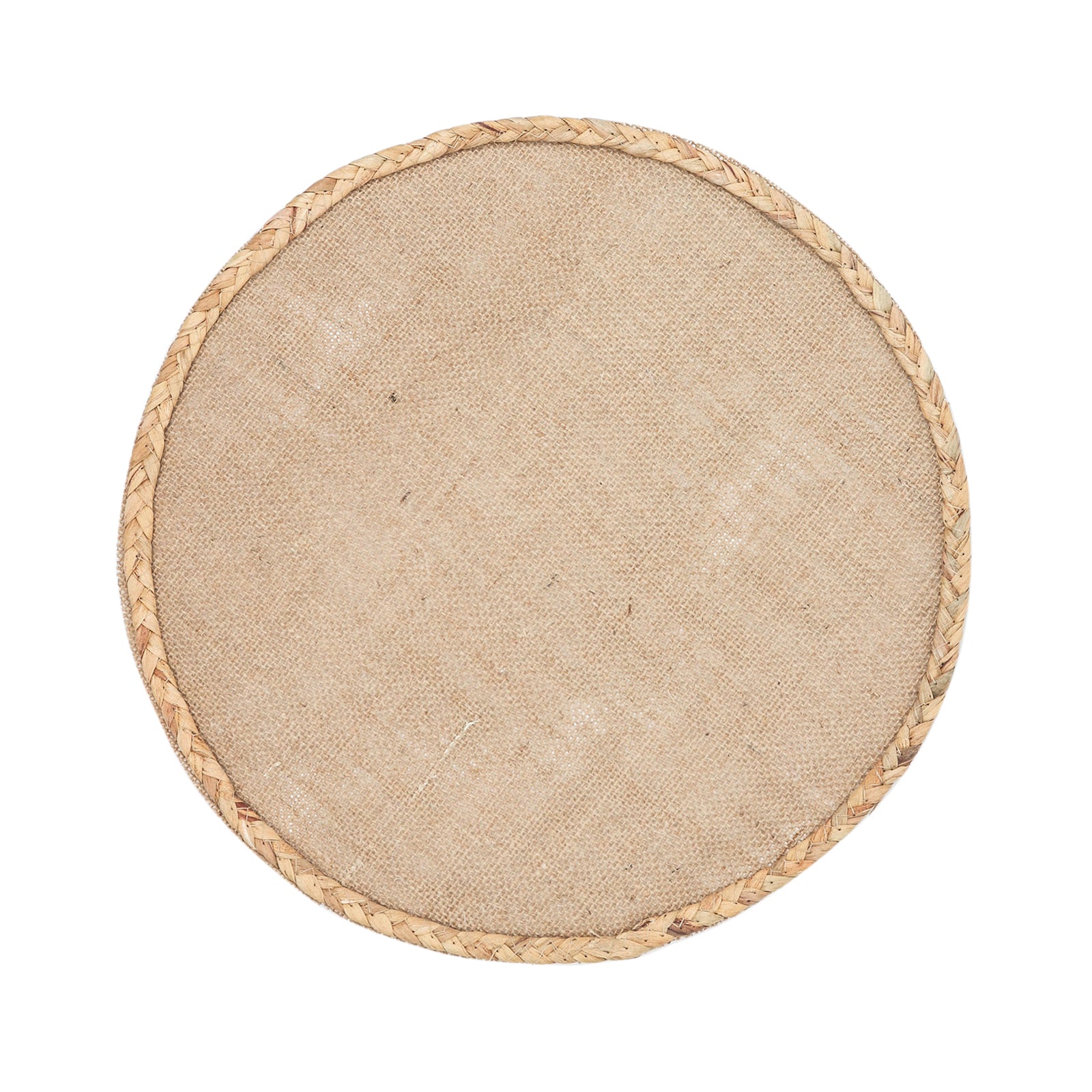Natural burlap round placemat with braided edges.