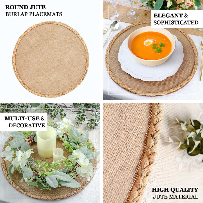 Natural rustic burlap jute placemats with braided edges.