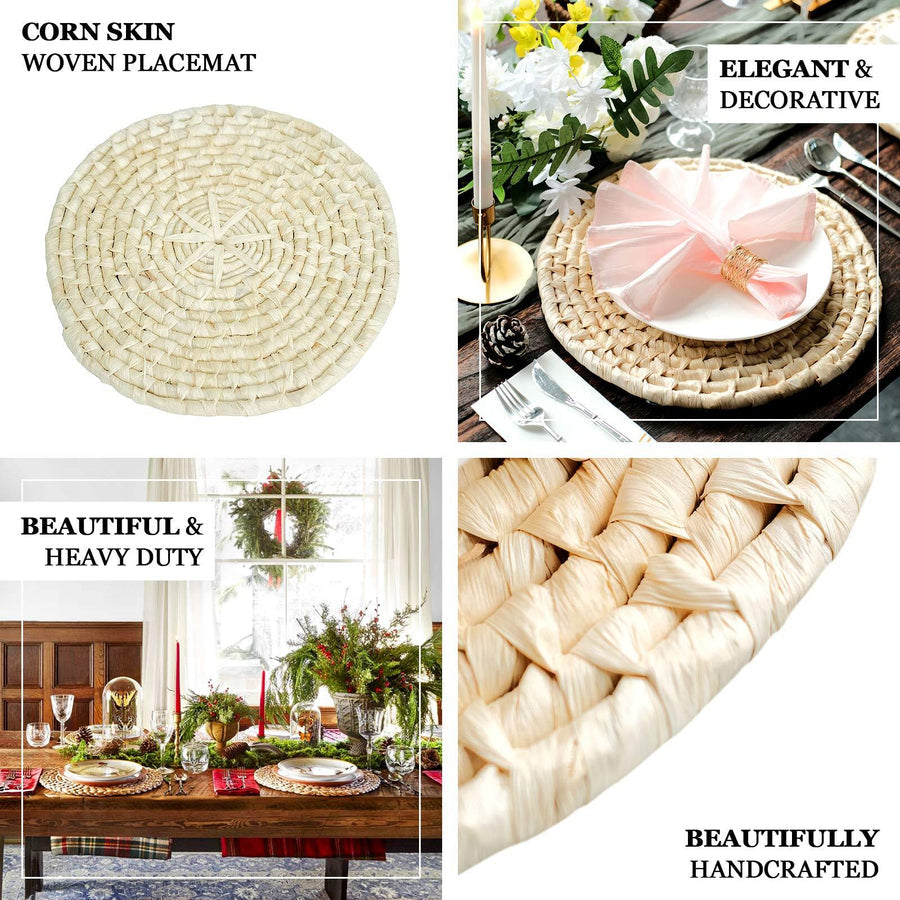 Natural corn husk round woven placemats for rustic table settings.