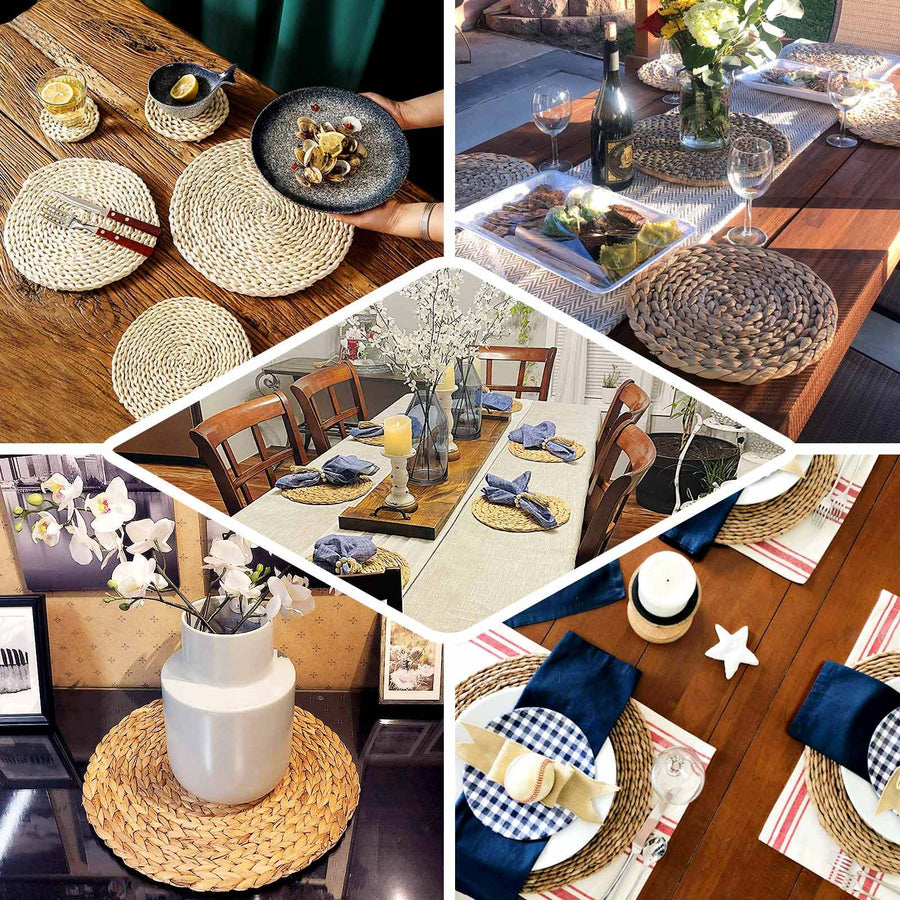 Natural corn husk round woven placemats on rustic tables.