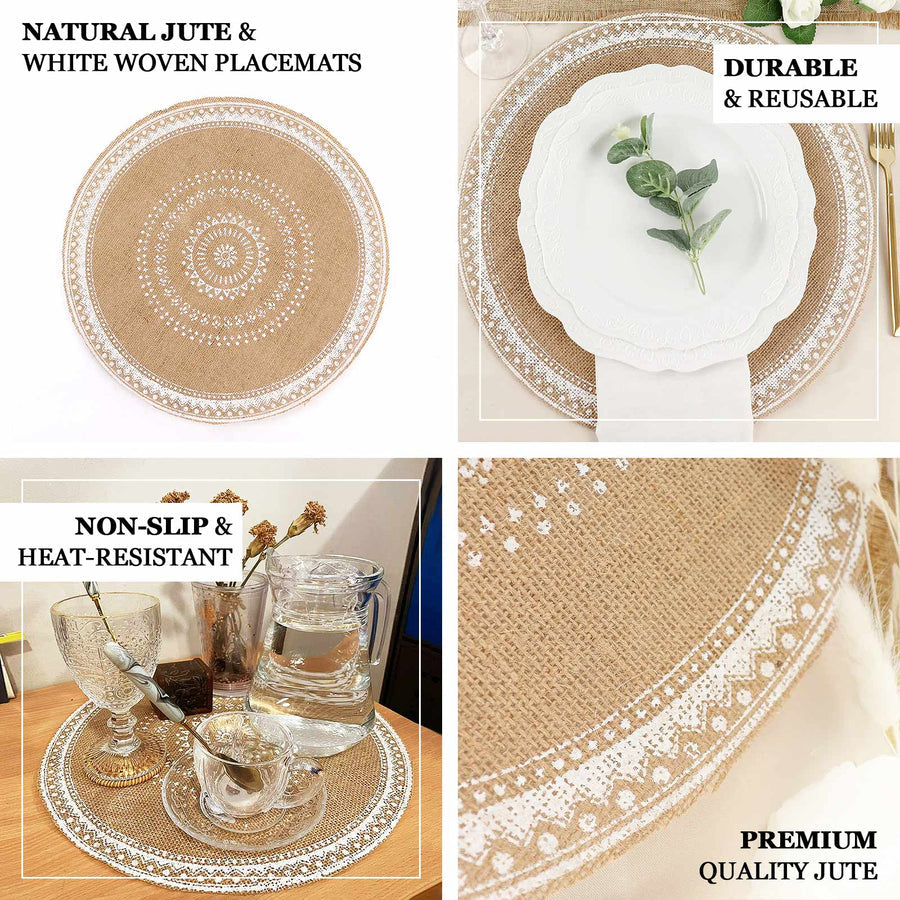 Natural jute and white braided placemats, rustic round woven table mats.