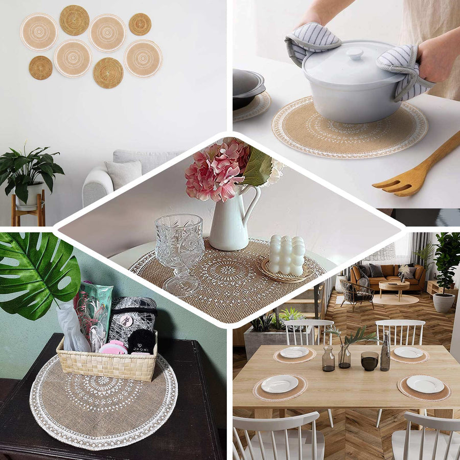 Natural jute and white braided placemats, rustic round woven burlap table mats.