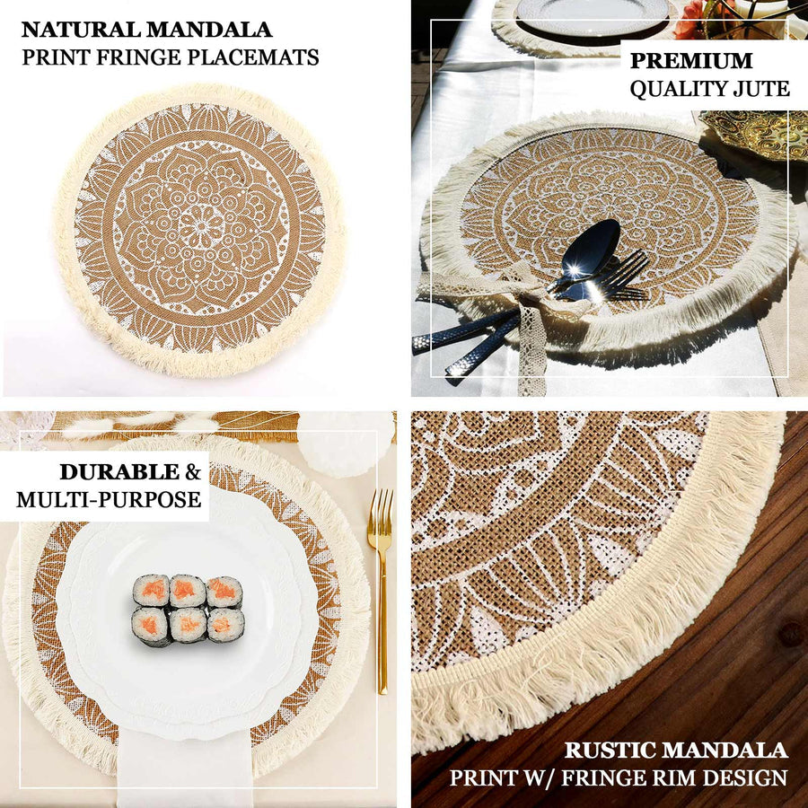 Natural jute round placemat with white mandala print and fringe design.