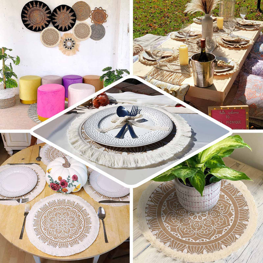 Natural jute round placemats with white mandala print and fringe tassels.