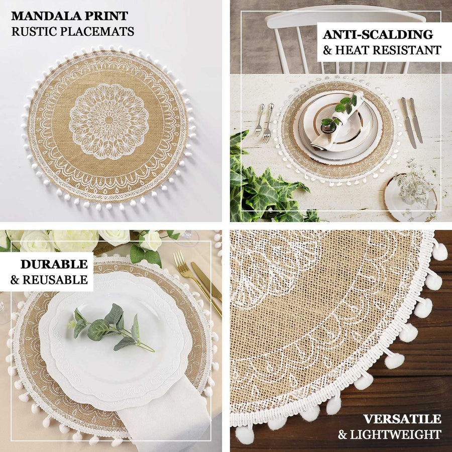 Natural jute round placemats with white embroidery and tassels.