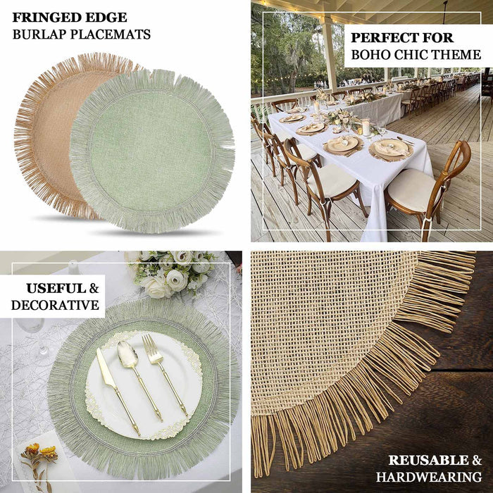 Natural rustic burlap tassel table mats for boho chic dining decor.