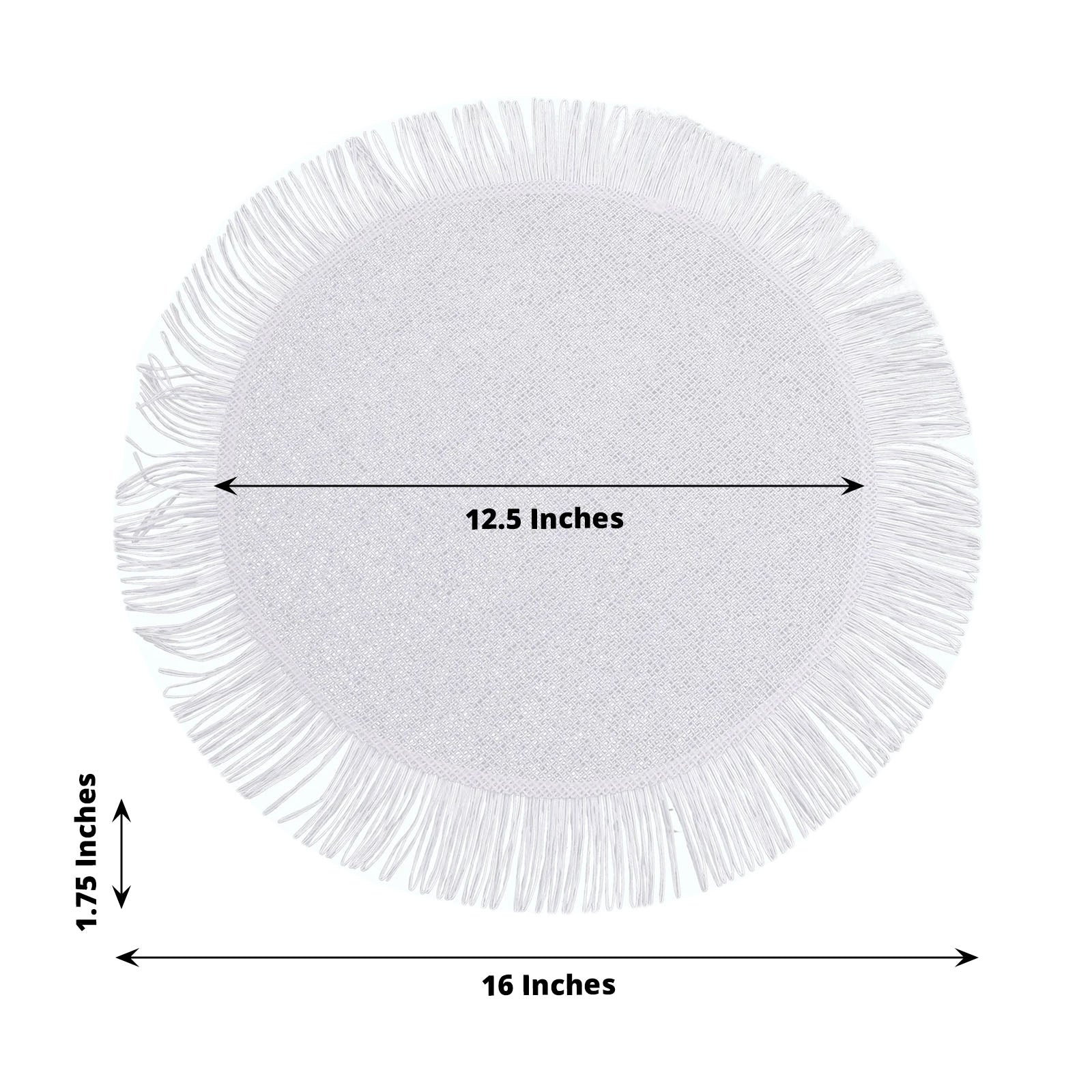 White rustic burlap round placemat with fringe edge, 16 inches.