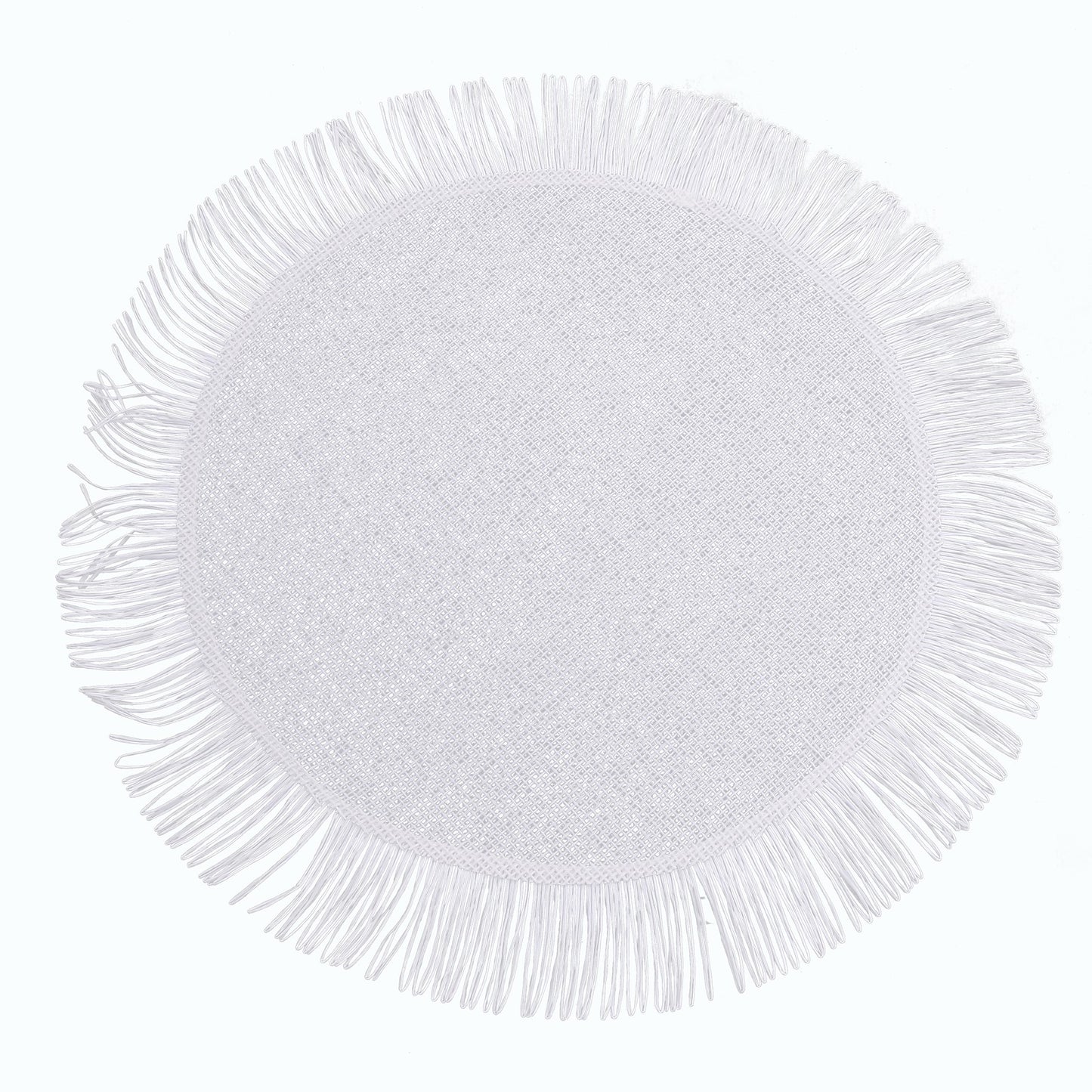 White rustic burlap dining table mat with fringe edge.