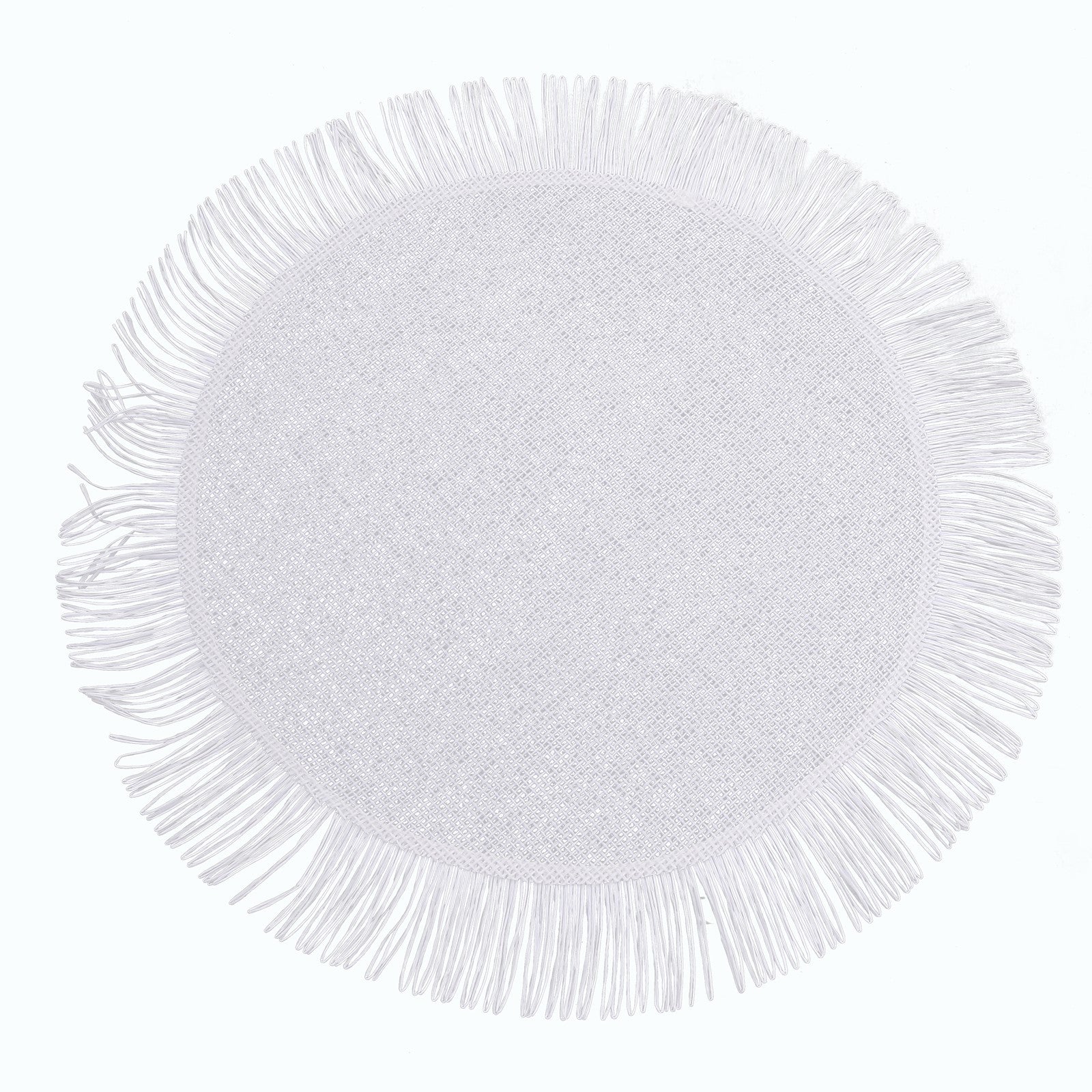 White rustic burlap dining table mat with fringe edge.