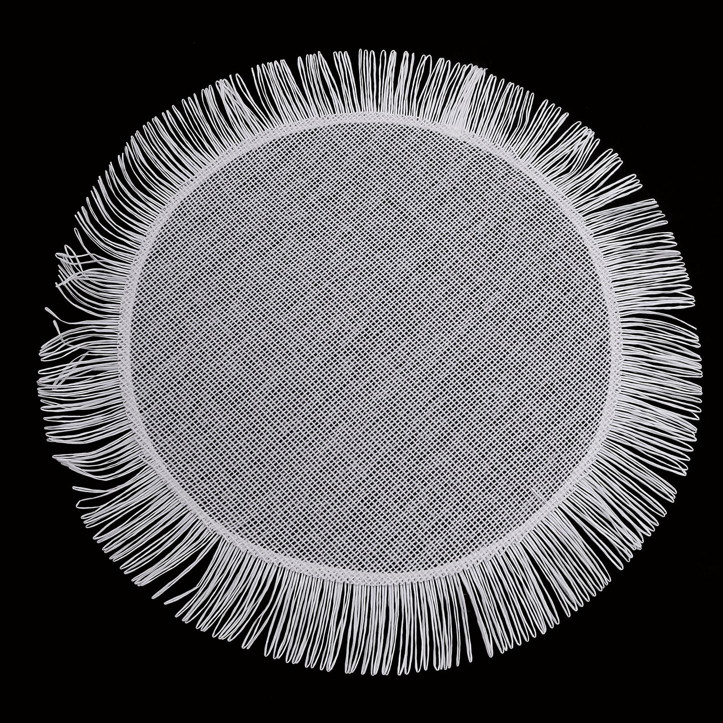 White rustic burlap tassel round table mat with fringe edge.