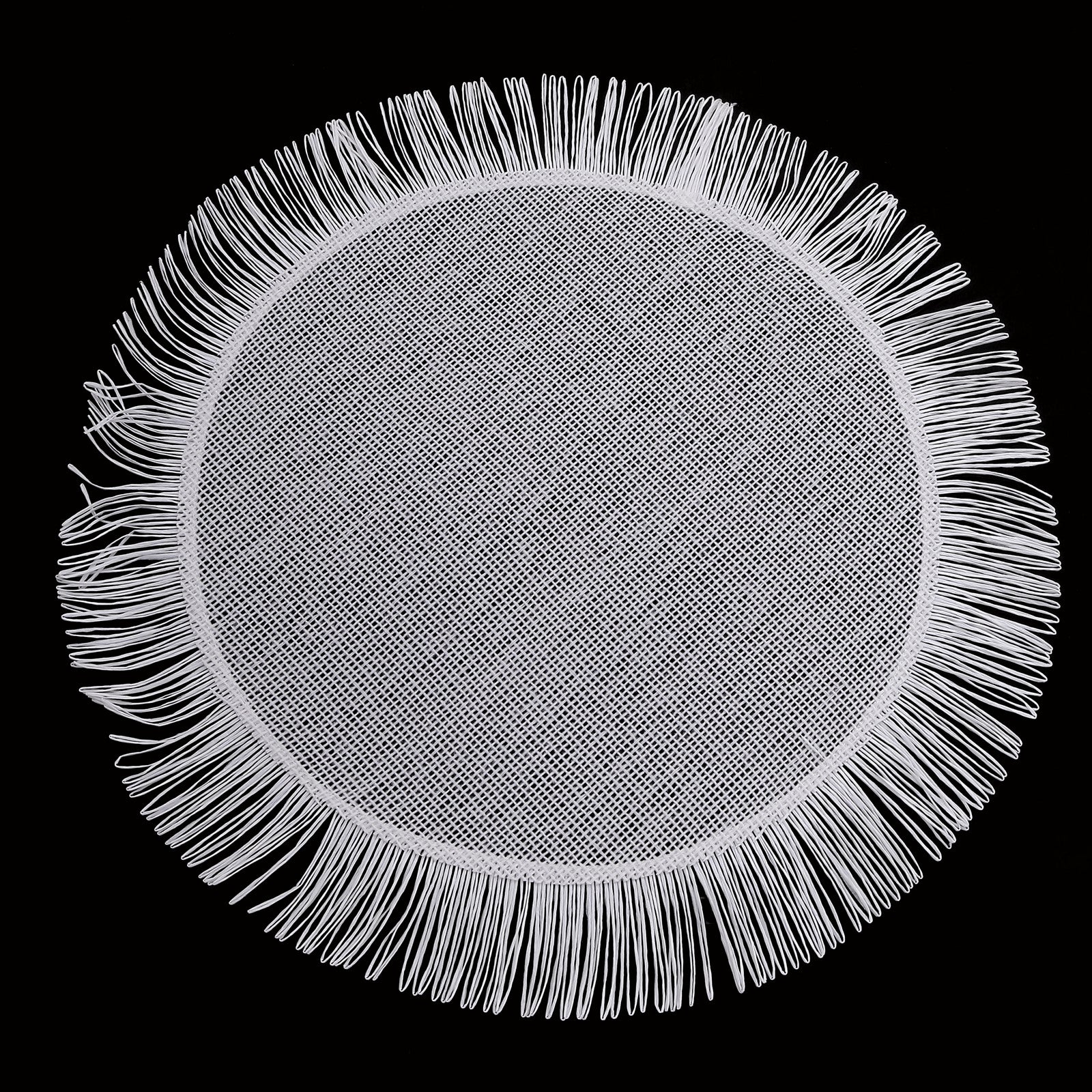 White rustic burlap tassel round table mat with fringe edge.