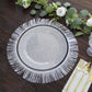 White rustic farmhouse burlap tassel dining table mat with jute fringe edge.