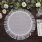 White rustic burlap round table mat with fringe edges.