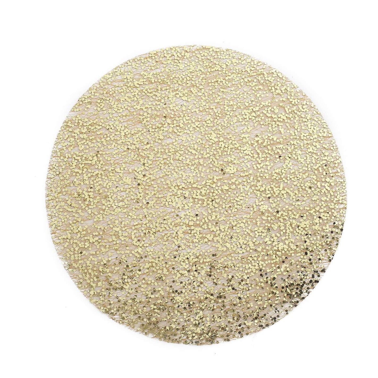 Metallic gold sequin round placemat, 13" diameter, disposable and dust-free.