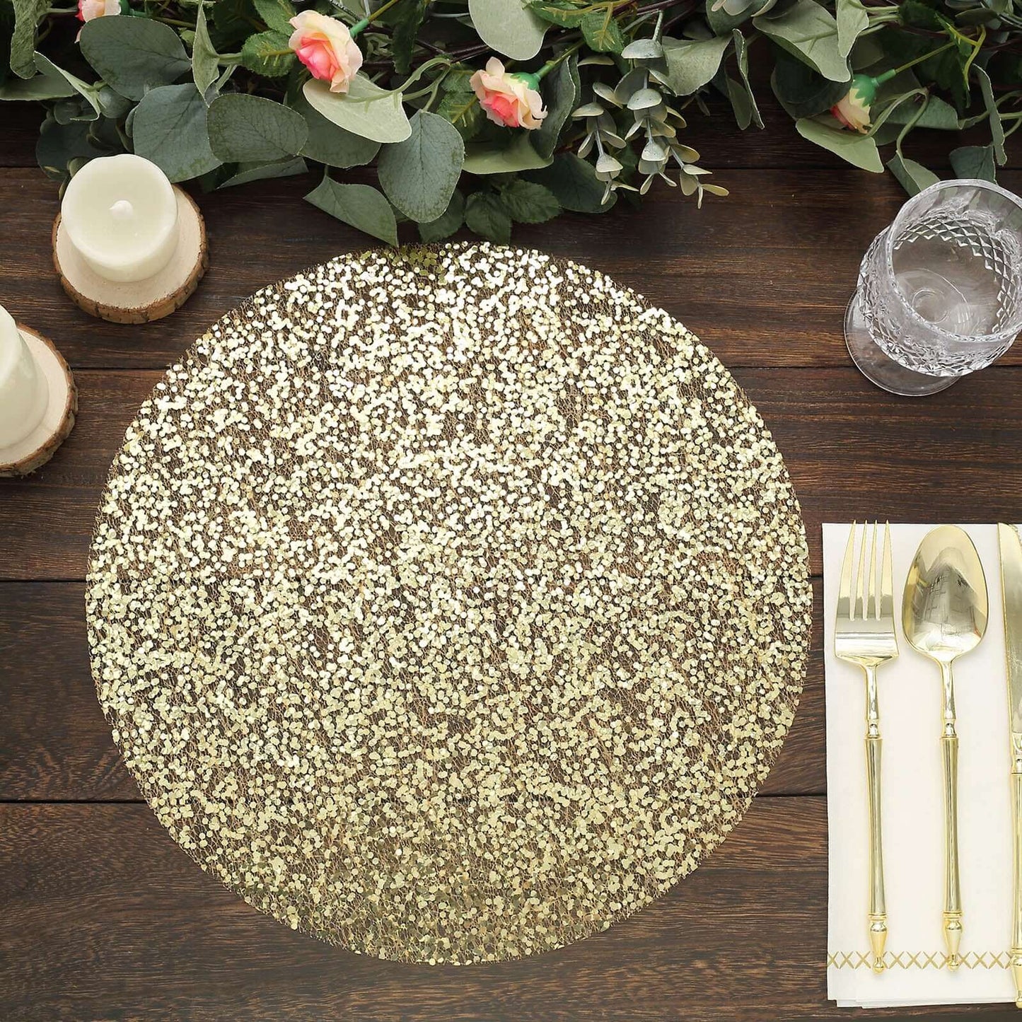 Metallic gold round sequin placemat, perfect for elegant dining settings.
