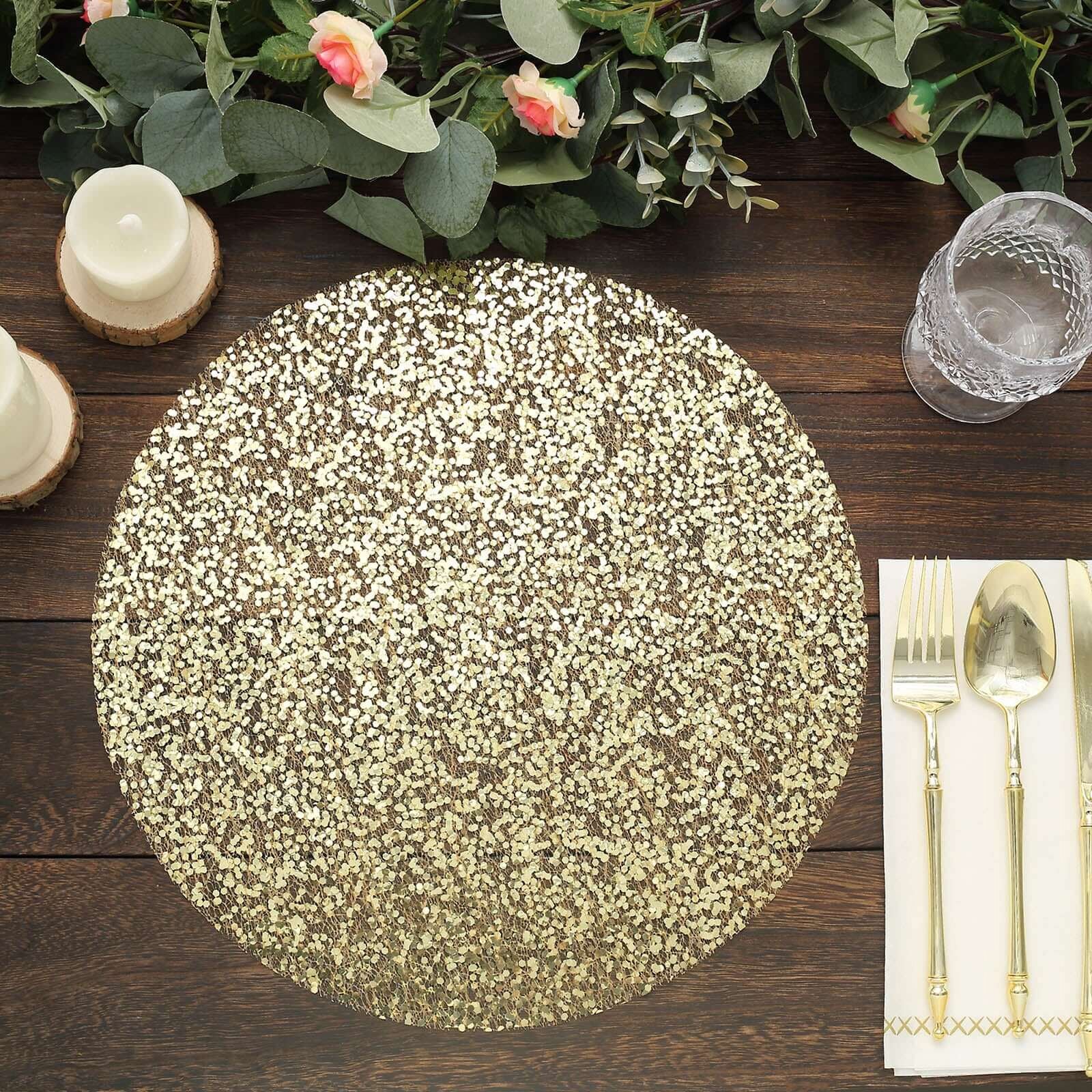 Metallic gold round sequin placemat, perfect for elegant dining settings.