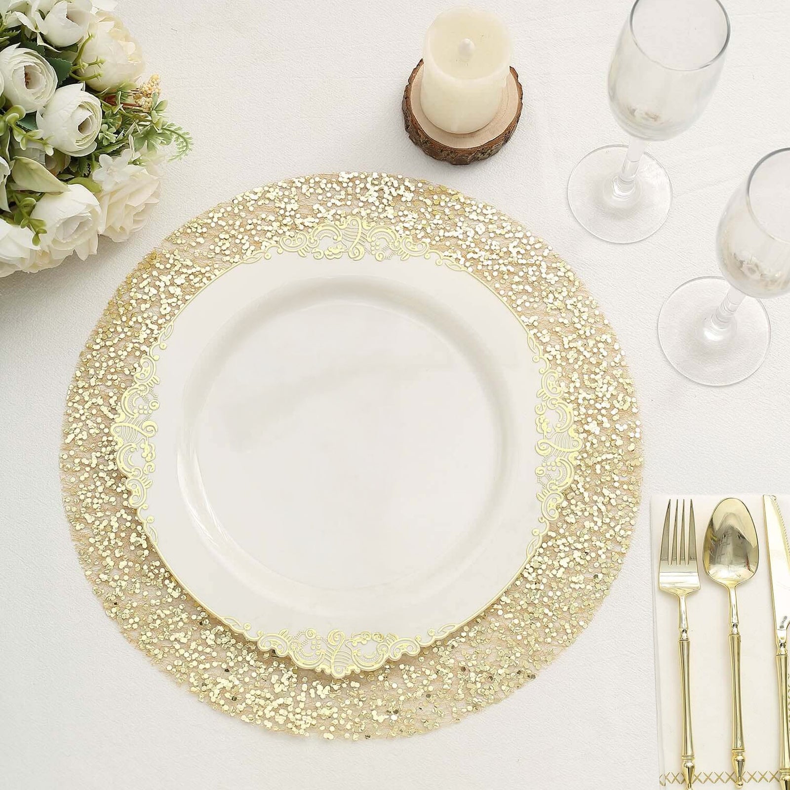 Metallic gold sequin round placemats for elegant dining settings.
