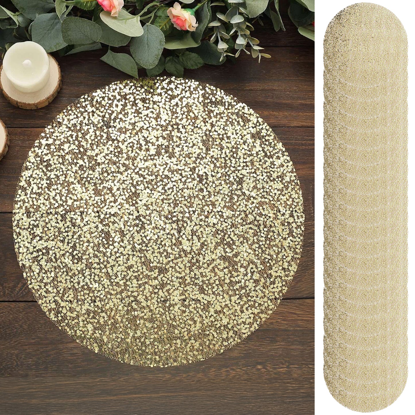 Metallic gold round sequin placemat for dining, 13 inches.