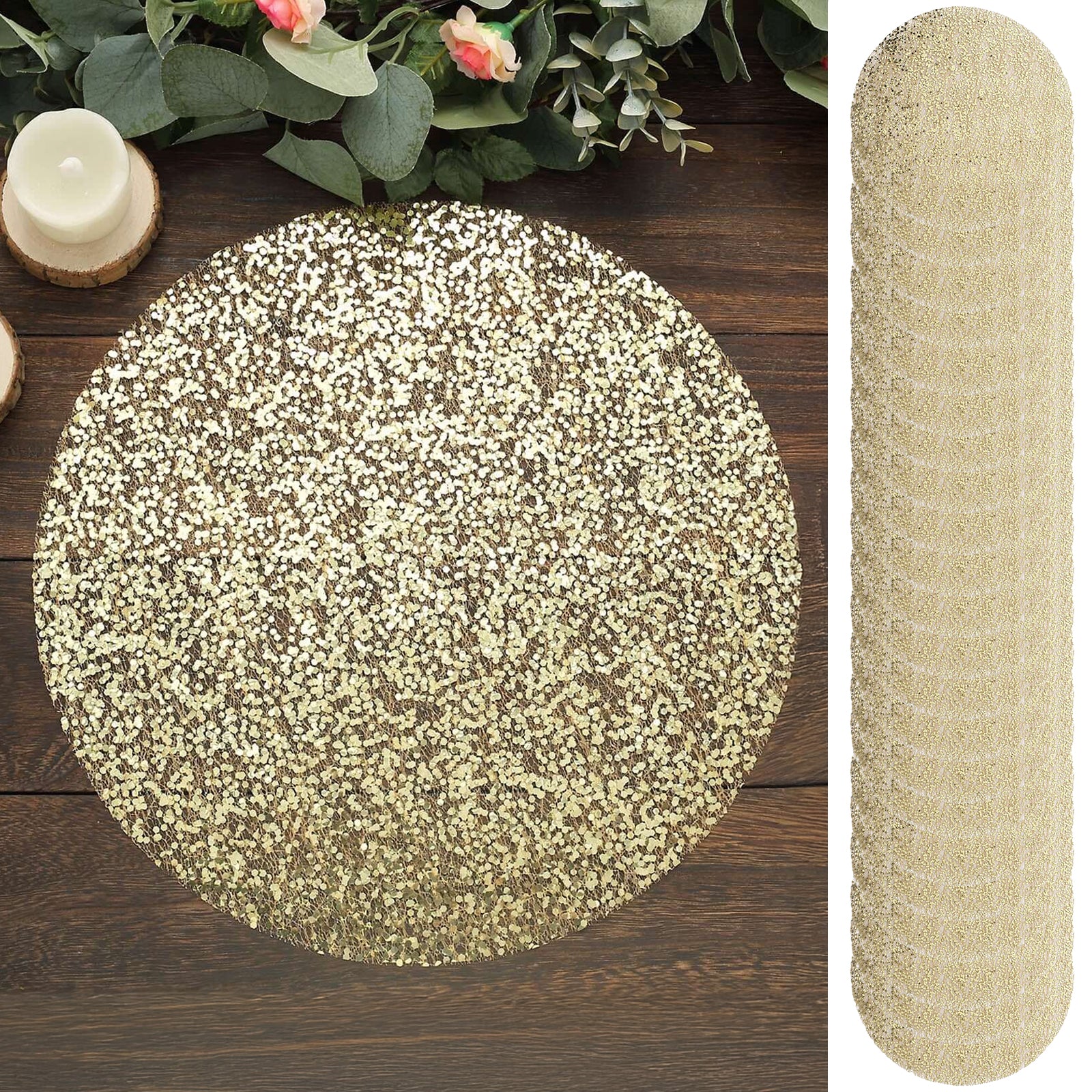 Metallic gold round sequin placemat for dining, 13 inches.