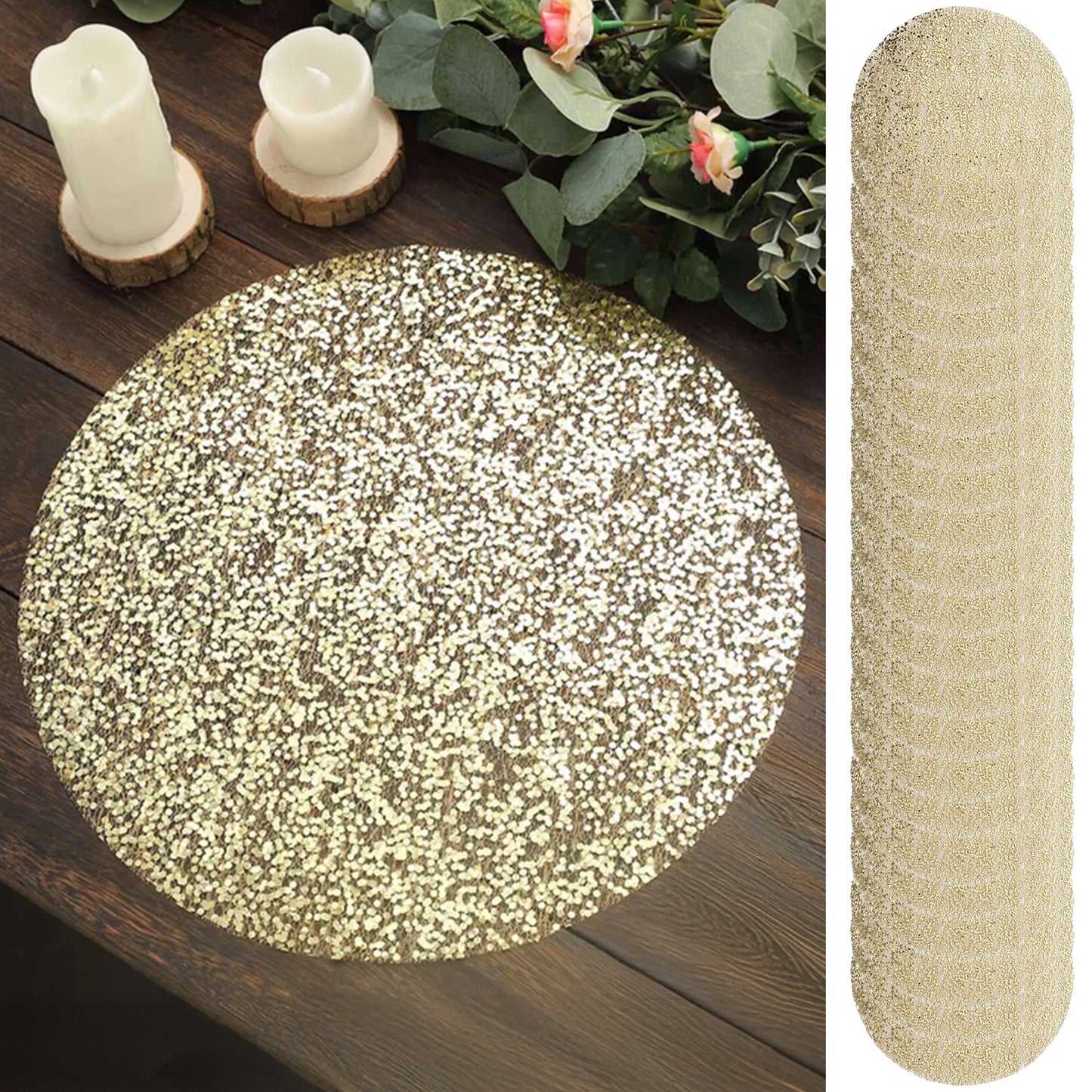 Gold sequin round placemats, 50-pack, perfect for elegant dining settings.