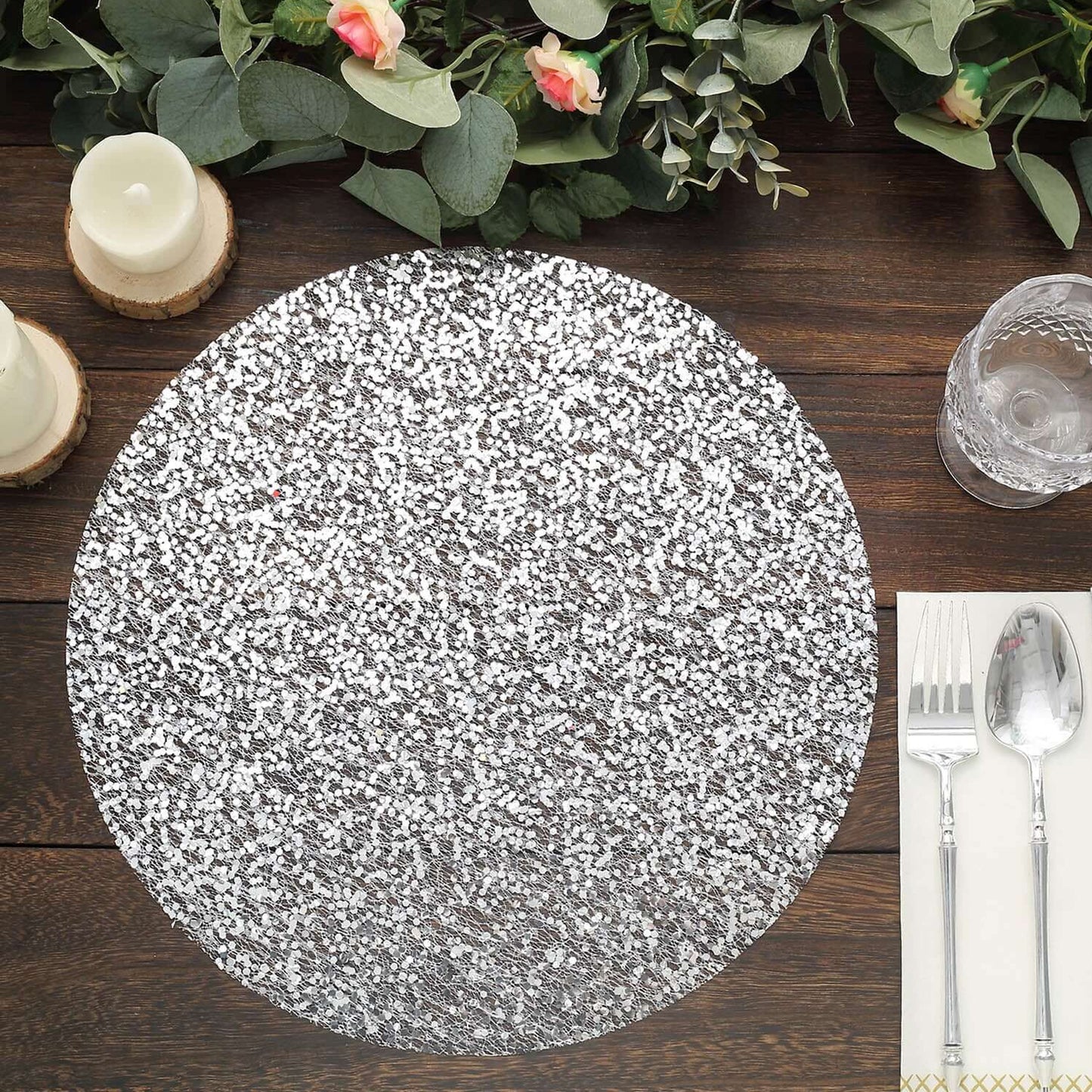 50-Pack Table Placemats Sequin Design Metallic Silver Round - Mesh Disposable Dust-Free Dining Mats 13"