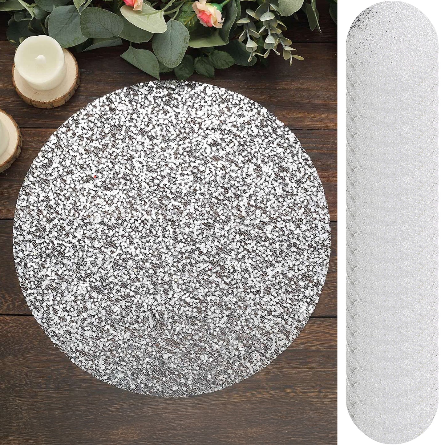 50-Pack Table Placemats Sequin Design Metallic Silver Round - Mesh Disposable Dust-Free Dining Mats 13"