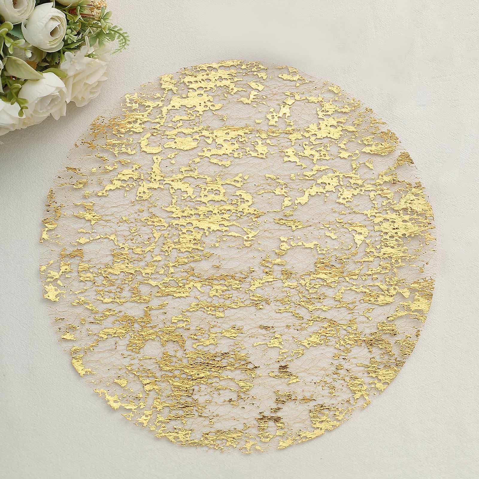 Gold foil round disposable placemat with a shiny finish.