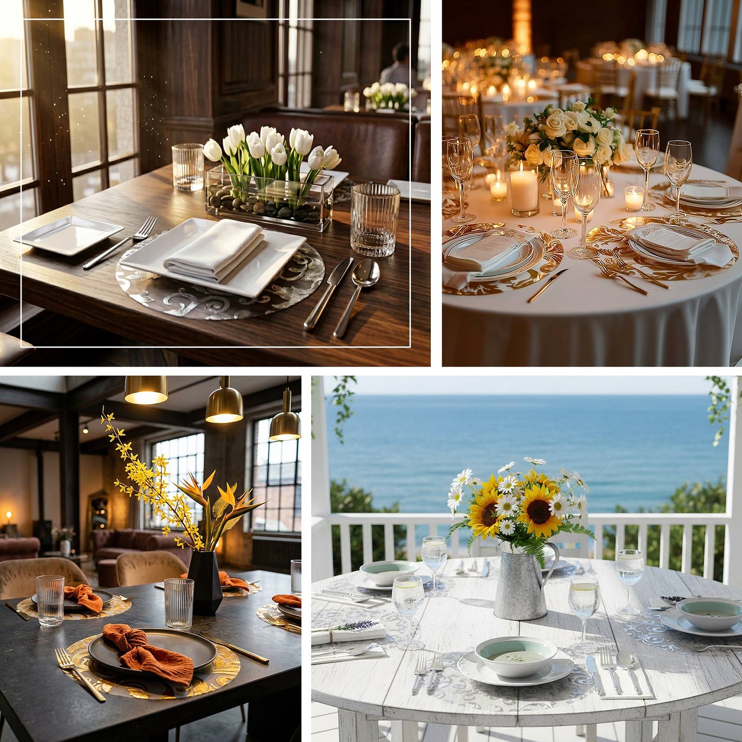 Metallic gold round placemats with floral design on elegant dining tables.