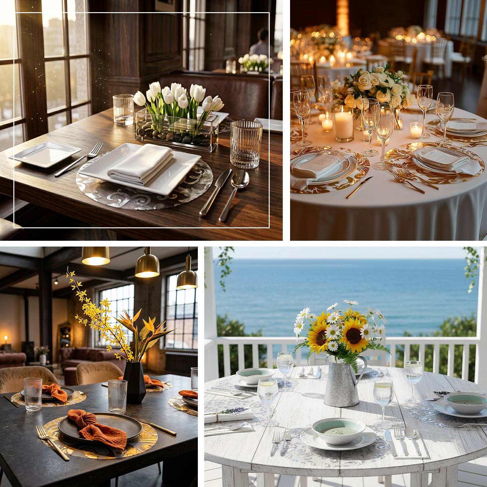 Metallic gold round placemats with floral design on elegant dining tables.