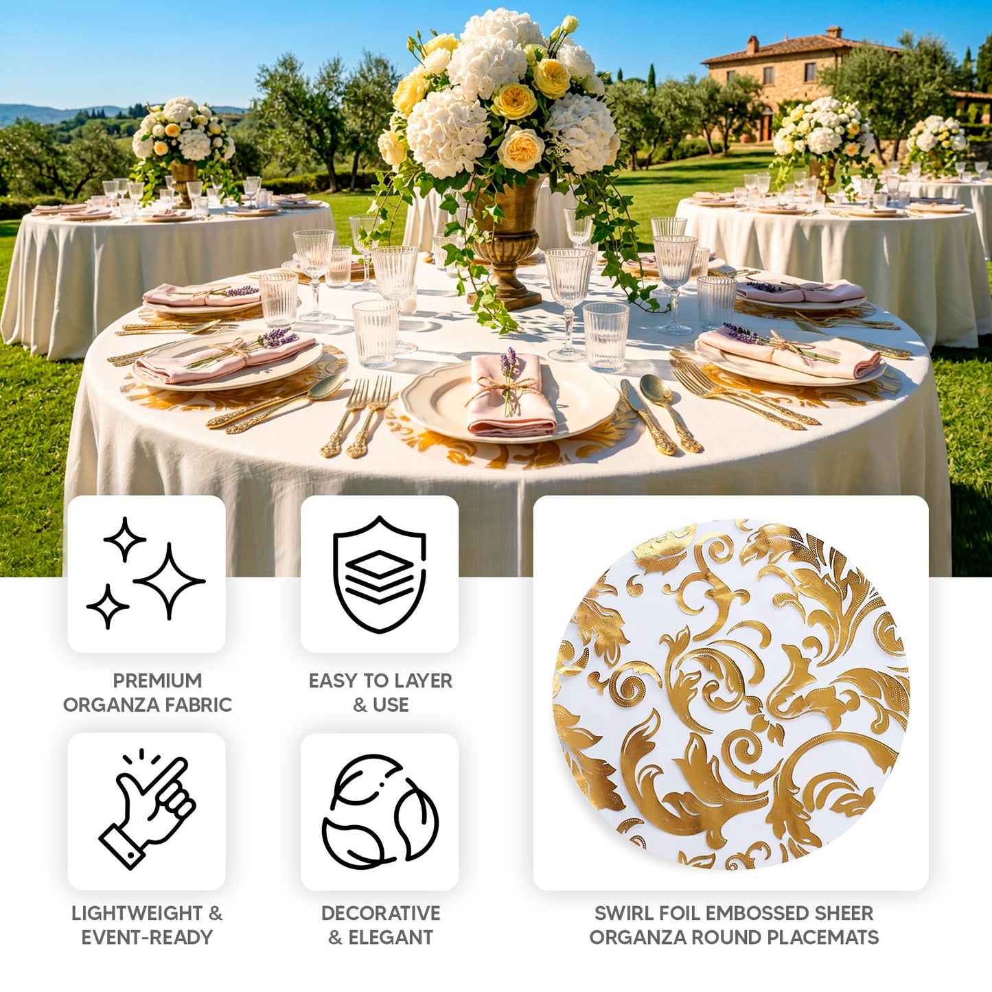 Metallic gold round placemats with floral swirl design on elegant table setting.