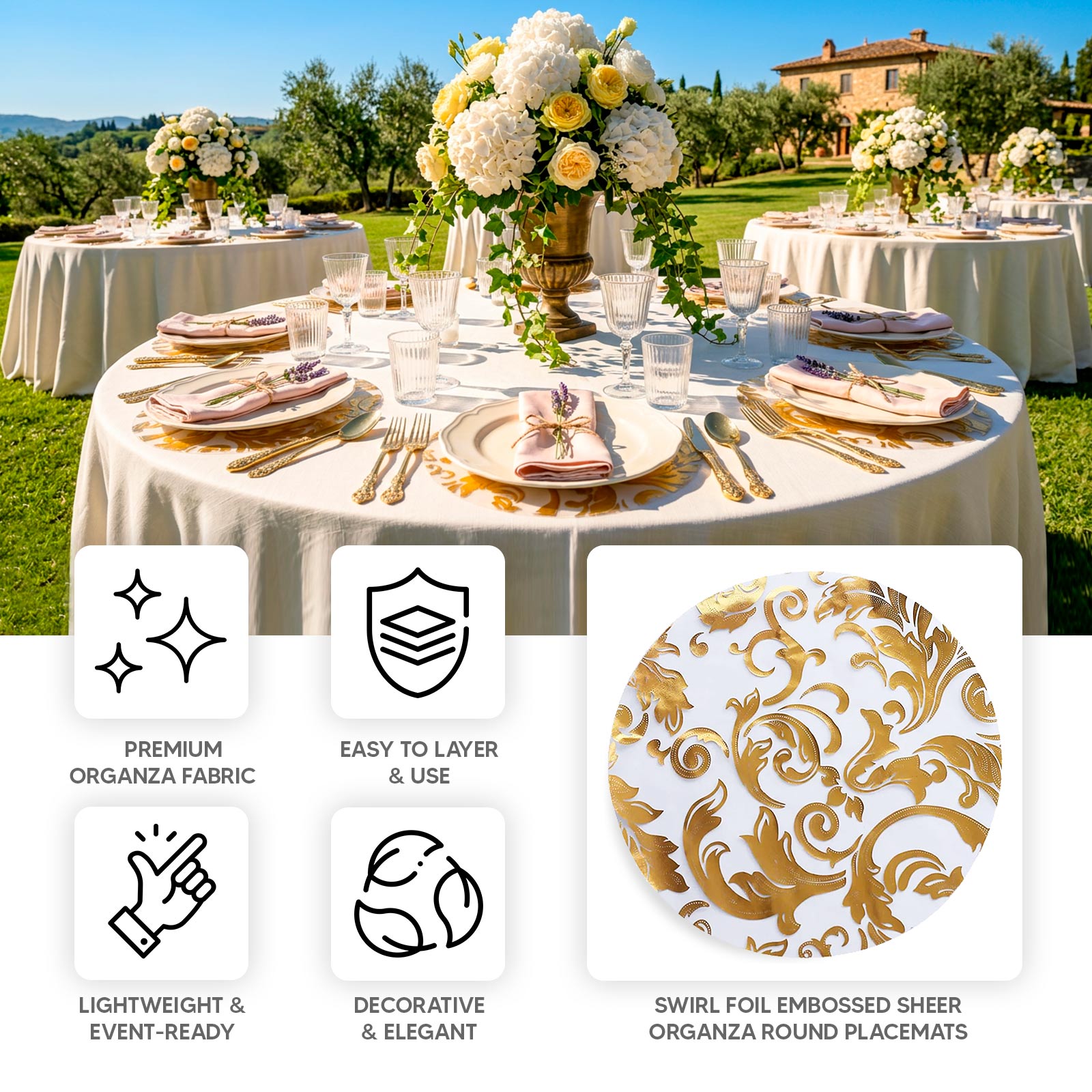 Metallic gold round placemats with floral swirl design on elegant table setting.