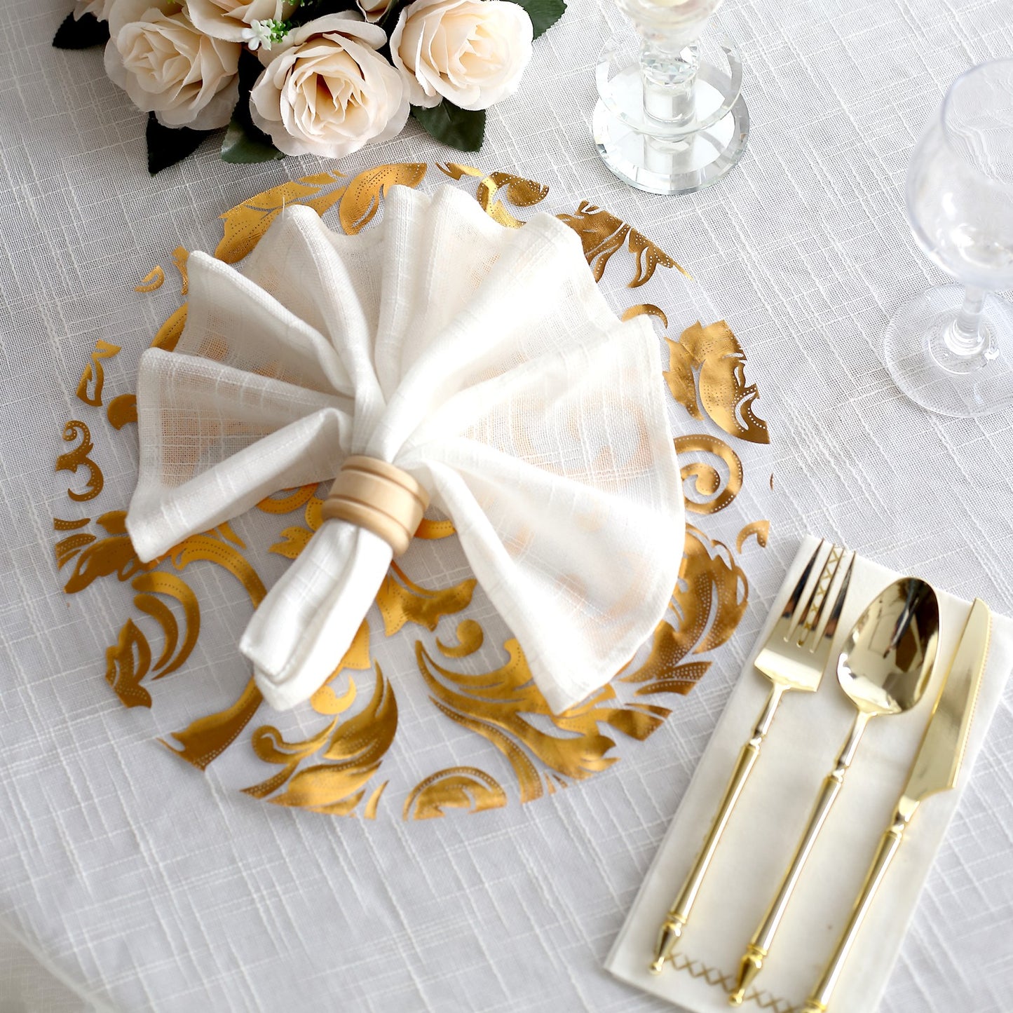 10-Pack Table Placemats Swirl Foil Floral Design Metallic Gold Round - Sheer Organza Disposable Mats 13"