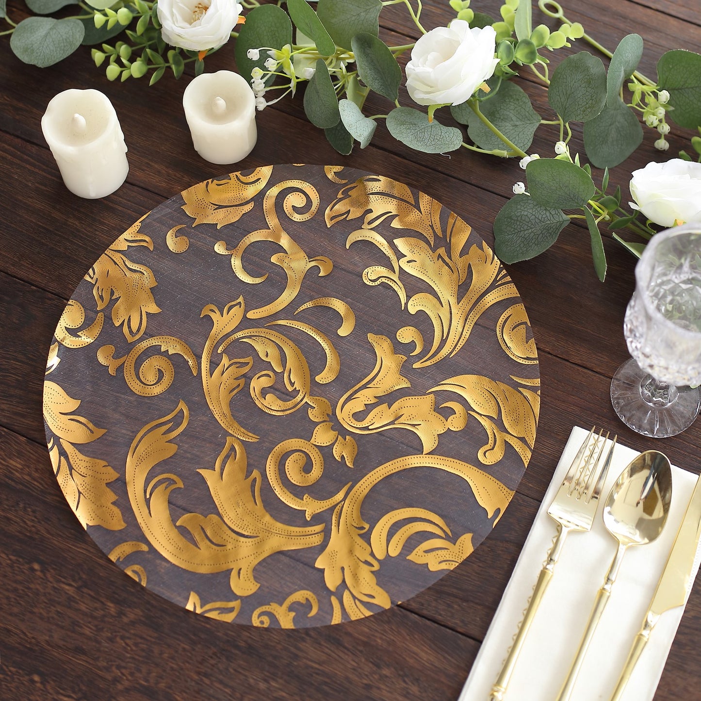 10-Pack Table Placemats Swirl Foil Floral Design Metallic Gold Round - Sheer Organza Disposable Mats 13"