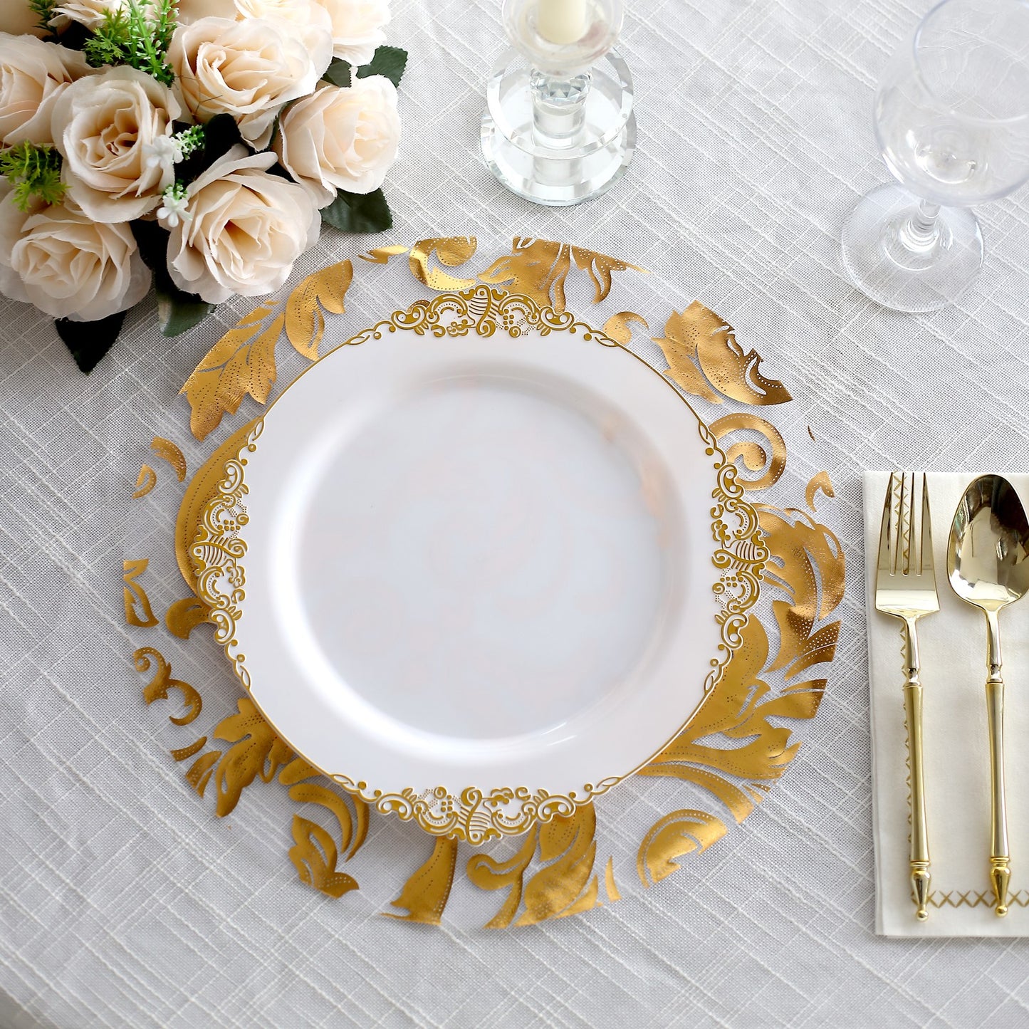10-Pack Table Placemats Swirl Foil Floral Design Metallic Gold Round - Sheer Organza Disposable Mats 13"