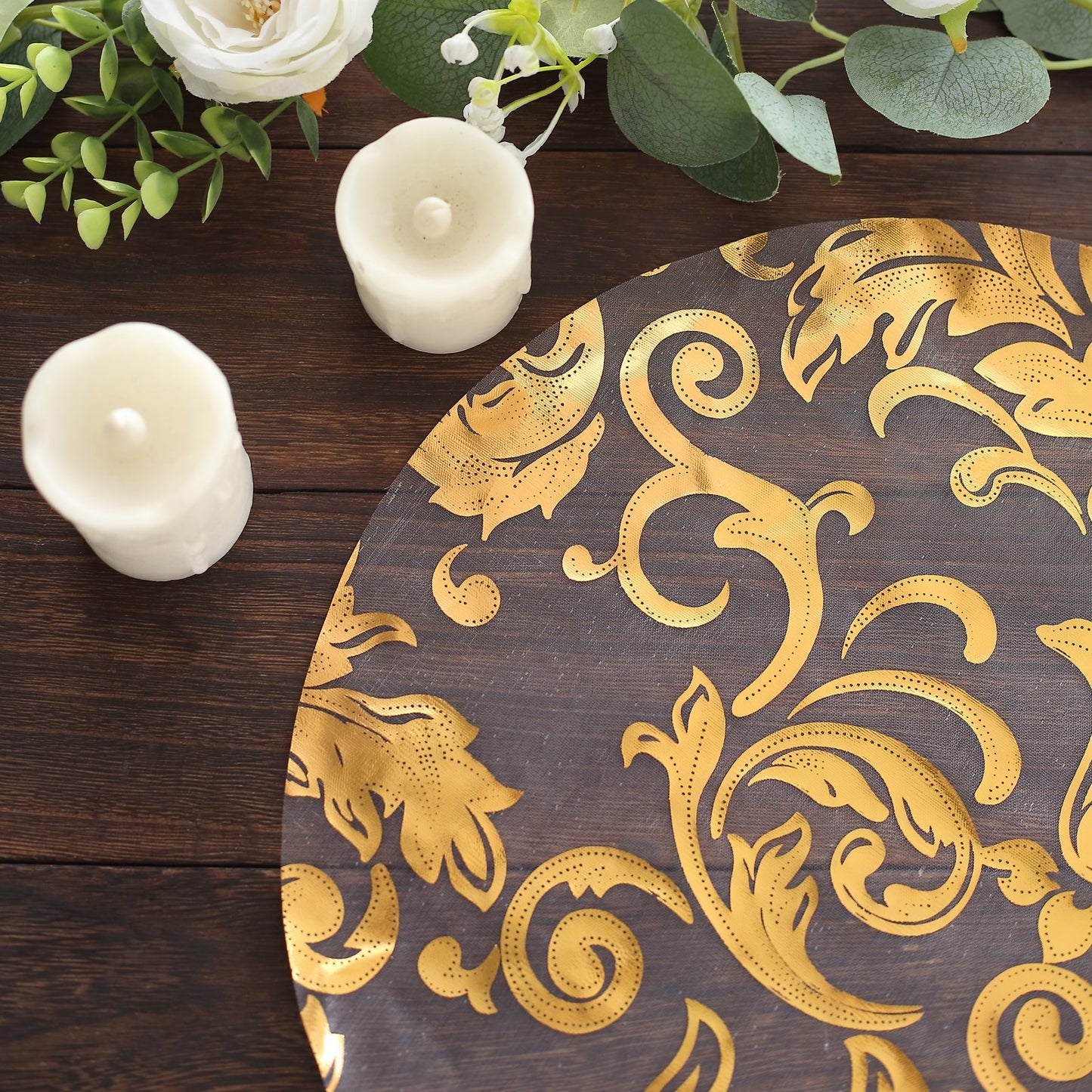 10-Pack Table Placemats Swirl Foil Floral Design Metallic Gold Round - Sheer Organza Disposable Mats 13"