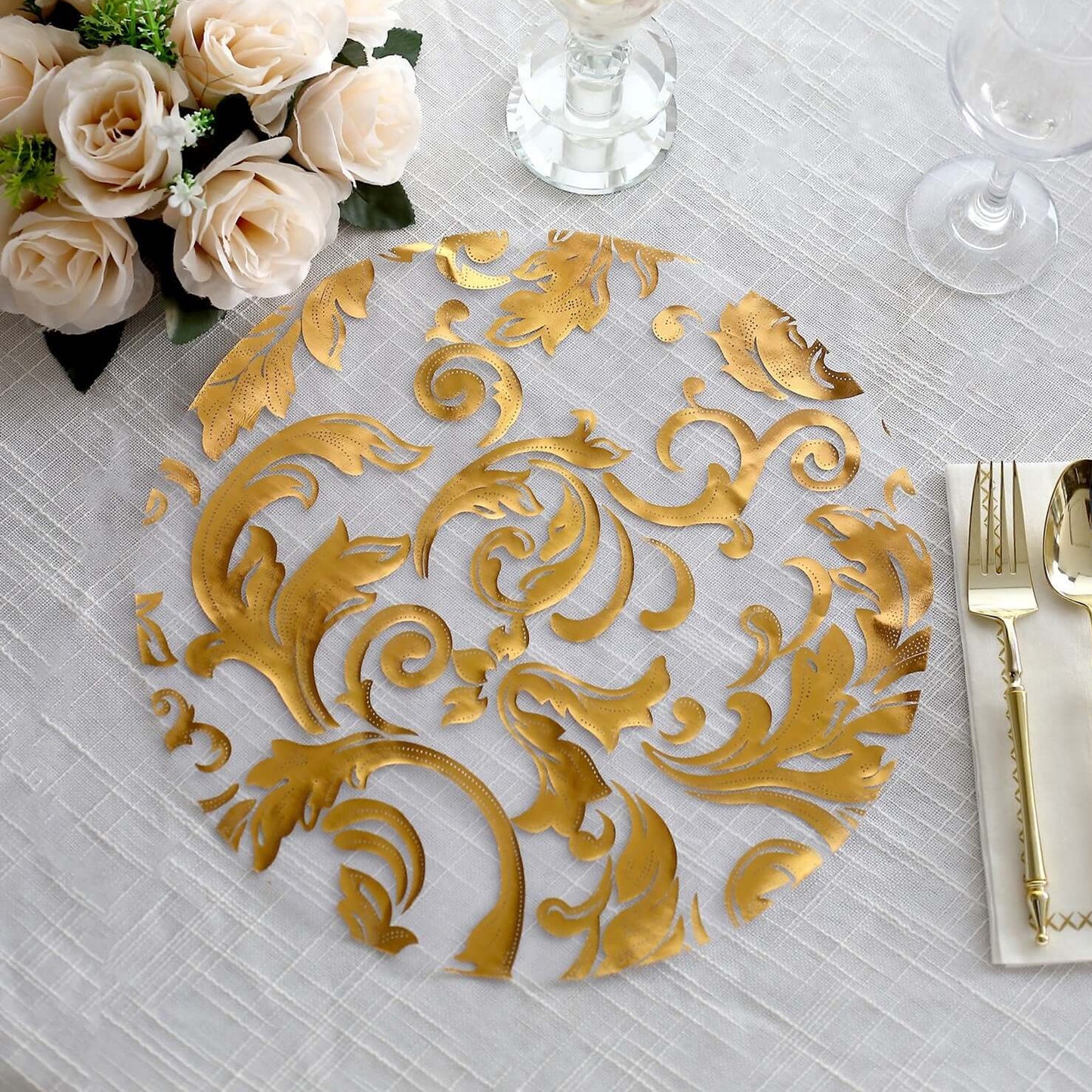 50-Pack Table Placemats Swirl Foil Floral Design Metallic Gold Round - Sheer Organza Disposable Mats 13"