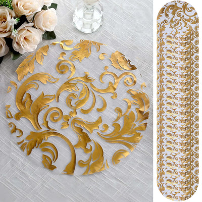 Metallic Gold Round Swirl Foil Floral Organza Table Placemats 13" 
