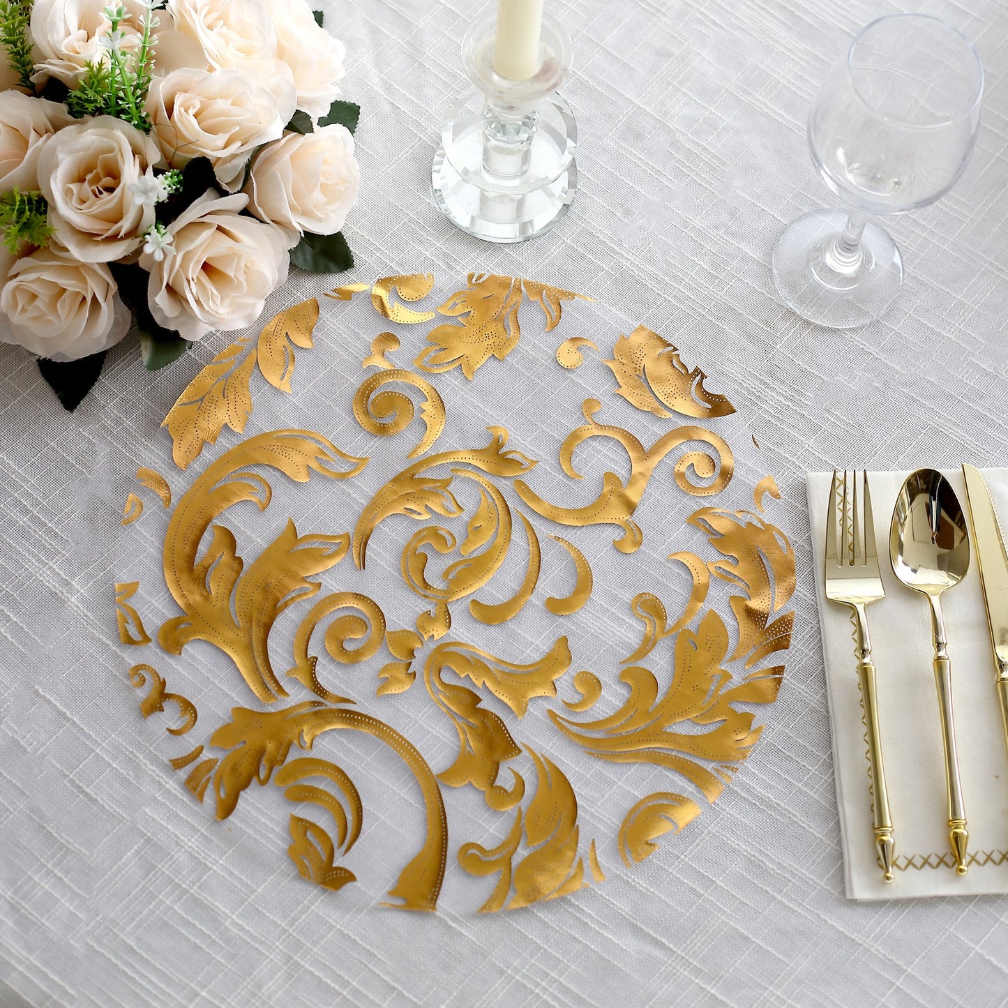 10-Pack Table Placemats Swirl Foil Floral Design Metallic Gold Round - Sheer Organza Disposable Mats 13"